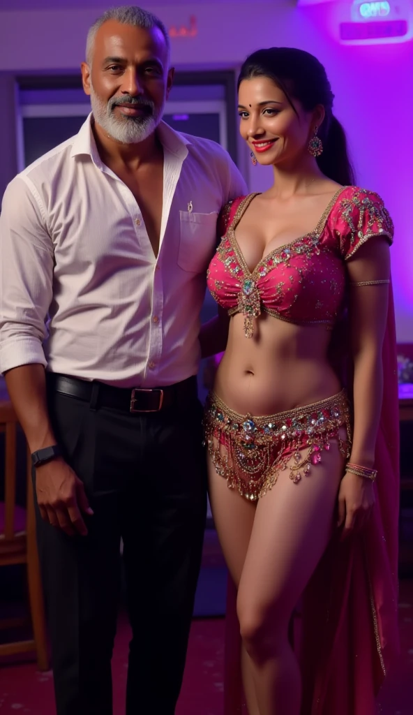 1 muscular very hary, handsome and attractive African man with sexy Indian married woman bit chubby wearing a saree with golden metallic blouse, the saree is wet. Both are hugging pose. The woman is tanding on the left side of the man. In office. Hyper realistic image detail image. woman standing on left of the man with her navel visible. They are in office meeting room background