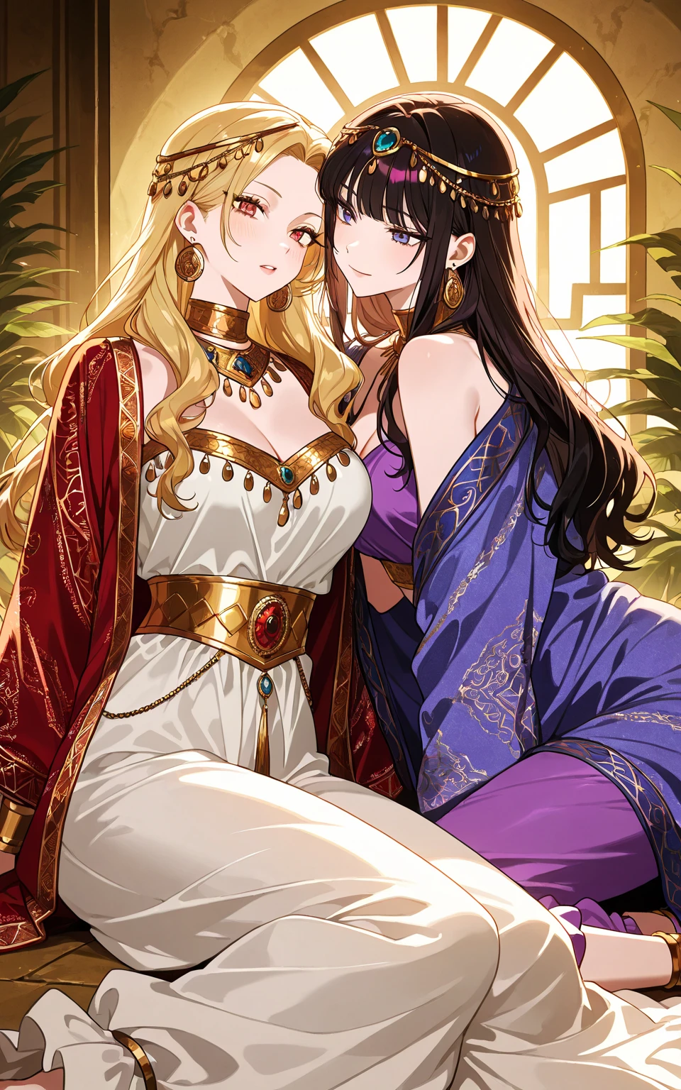 ((highest quality)), ((masterpiece)), (detailed), (Perfect Face)、The woman is Shinobu Kochou and has purple hair.、(The woman is wearing a luxurious, voluminous, shiny purple long slit see-through dress and a purple furry see-through cape.、She is wearing jeweled earrings and necklaces, bracelets and ankles, jeweled waist chains and head dress chains, a gorgeous, open, detachable, see-through dress skirt, purple shiny boots, and a gorgeous engagement ring. Her 6-year-old daughter is standing next to her.)、(She is smiling and cuddling with her 6-year-old daughter in a gorgeous outfit in a large plush chair.)、The 6-year-old girl clings to the woman as if she is being pampered.