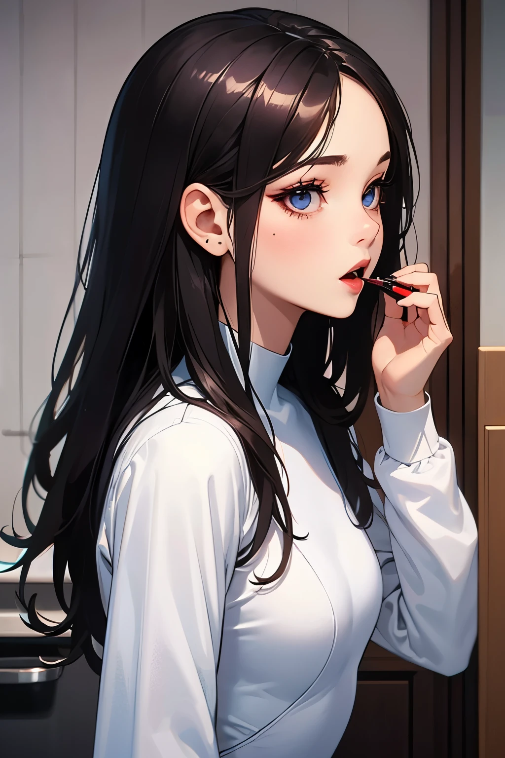 (highest quality:1.2), a 15-years-old girl is wearing make-up in a powder room. She is facing the mirror with lipstick in her hand. and a difficult expression on her face, bothering she should wear it or not. Behind her, a bodysuits is hanged on locker.  Side view, a photorealistic cute girl, beautiful face,looking doubtful, European face like a doll, heaviy make-up face, half suspicious face, open mouth to say something, beautiful detailed eyes with dark blue eyeshadow,fully open eyes, beautiful bloody red lip, her face looks a difficult expression, long black hair, upper body portrait, small breast, wearing long sleeve leotard,tight-fitting and extra shiny white leotard, wearing white fishnet bodysuits。