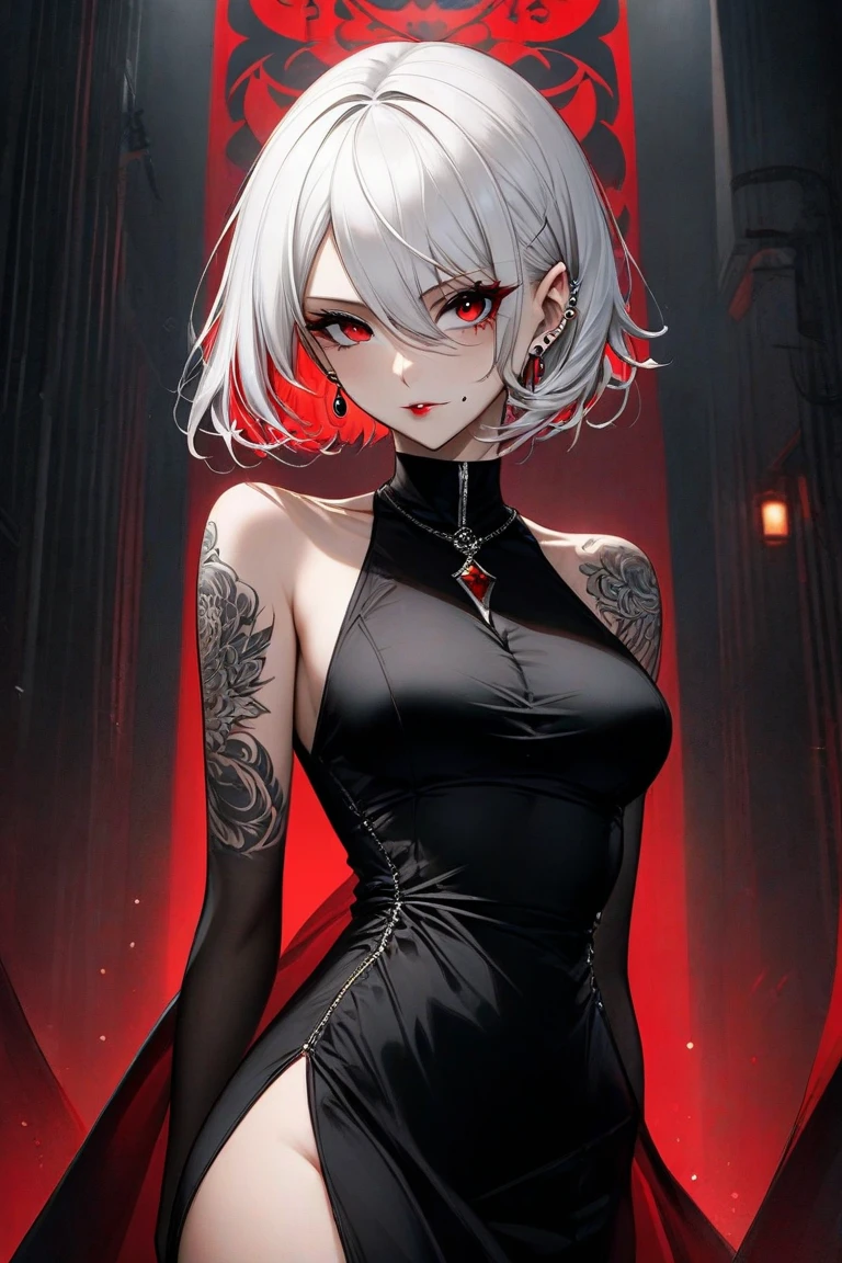 short white hair, red eyes, vampire, black tight shirt, black pants, neck collar, dark room