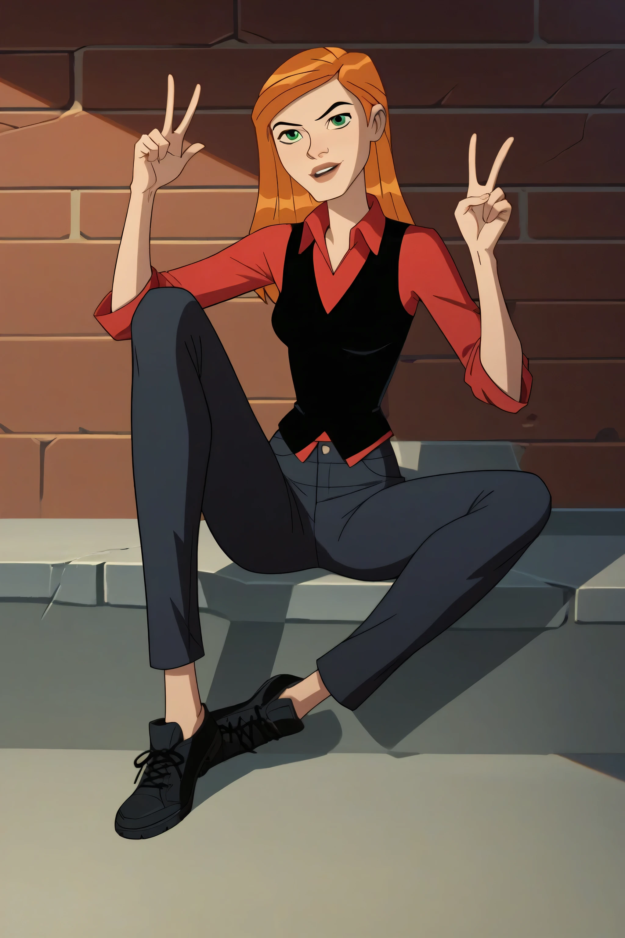 score_9, score_8_up, score_7_up, score_6_up, score_5_up, score_4_up, BREAK, 1girl, Gwen Tennyson, orange hair, green eyes, red and black outfit, vest, pants, shoes, sitting, one leg bent, peace sign