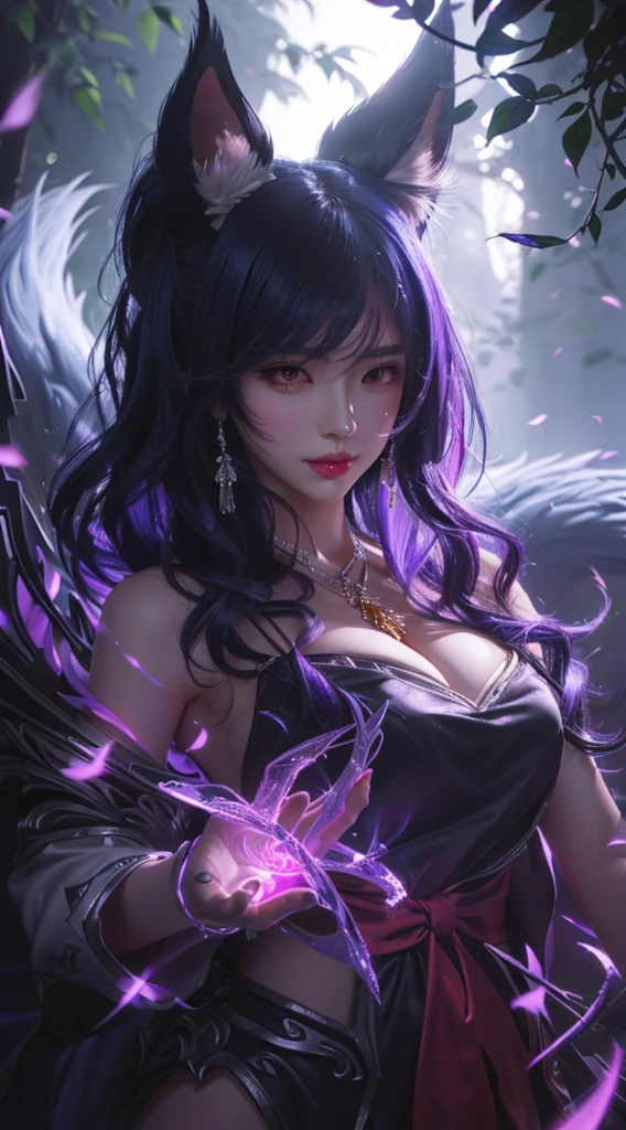 woman in her 20's, scary looking, androgynous, long black hair with small white streaks, fox ears, piercing purple eyes with slit pupils, long lashes, fox tail, plain black kimono, smirking, evil, scary, masterpiece, high quality, final boss, claws and fangs, purple fire