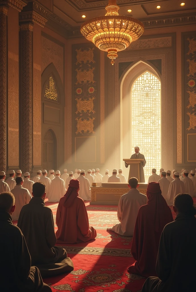 arafed view of a group of people sitting in a room with a book, a picture of friday islamic sermon uHd photorealistic, islamic interior design, cyberpunk mosque interior, immaculately detailed, inspired by Kerembeyit, mosque interior, realistic fantasy render, beautiful depiction, 3 d render and matte painting, realistic scene, with beautiful mosques, sufism, by Alexander Kucharsky