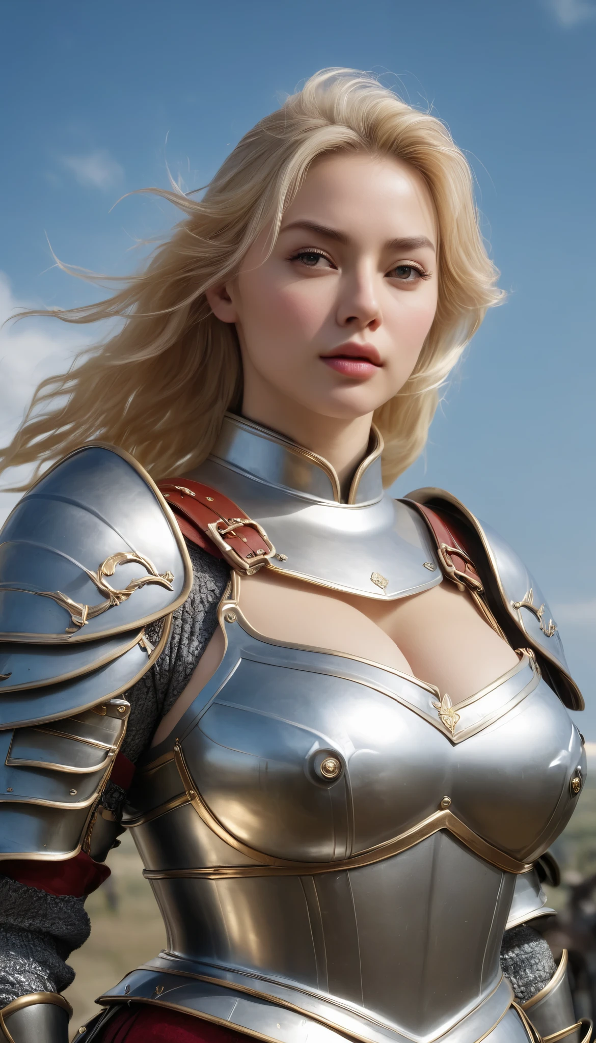 (超realistic)、Ultra-high precision realistic、A 34-year-old very beautiful blonde female knight who wears aluminum armor all over her body fighting on a European battlefield、全身にアルミアーマーを身に着けている、very big 、とてもbig breasts、太いお尻、Luxurious , Decorative Accessories 、fighting with a golden flashy sword、 Fluffy Blonde Hair 、Rich Big Big 、big breasts