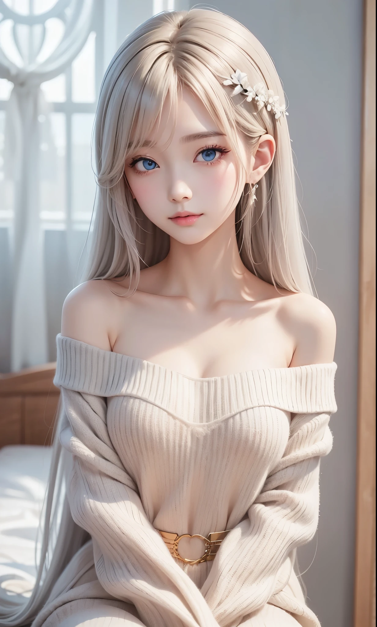 There is a woman in a white dress, artwork in the style of Gwaiz, Gwaiz on pixiv artstation, Gwaiz on artstation pixiv, Gwaiz, Fantasy art style, Gwaiz masterpiece, Beautiful and elegant queen, Beautiful character drawings, Detailed digital anime art, Blonde Princess, Gray Hair, Sky blue eyes, Pink Lips, off shoulder sweater, reika