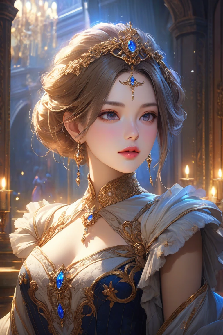 Waist shot of female elf, Wheels within wheels, face slimming, elegant, Wearing a sapphire necklace, White suspender light dress, face camera, Very detailed, Digital painting, art station, concept art, Smooth, sharp focus, illustration, Art work:artgerm、greg rutkowski 和 alphonse mucha, 8k, Volumetric fog, Bloom, light, lumen, Crank Bokeh