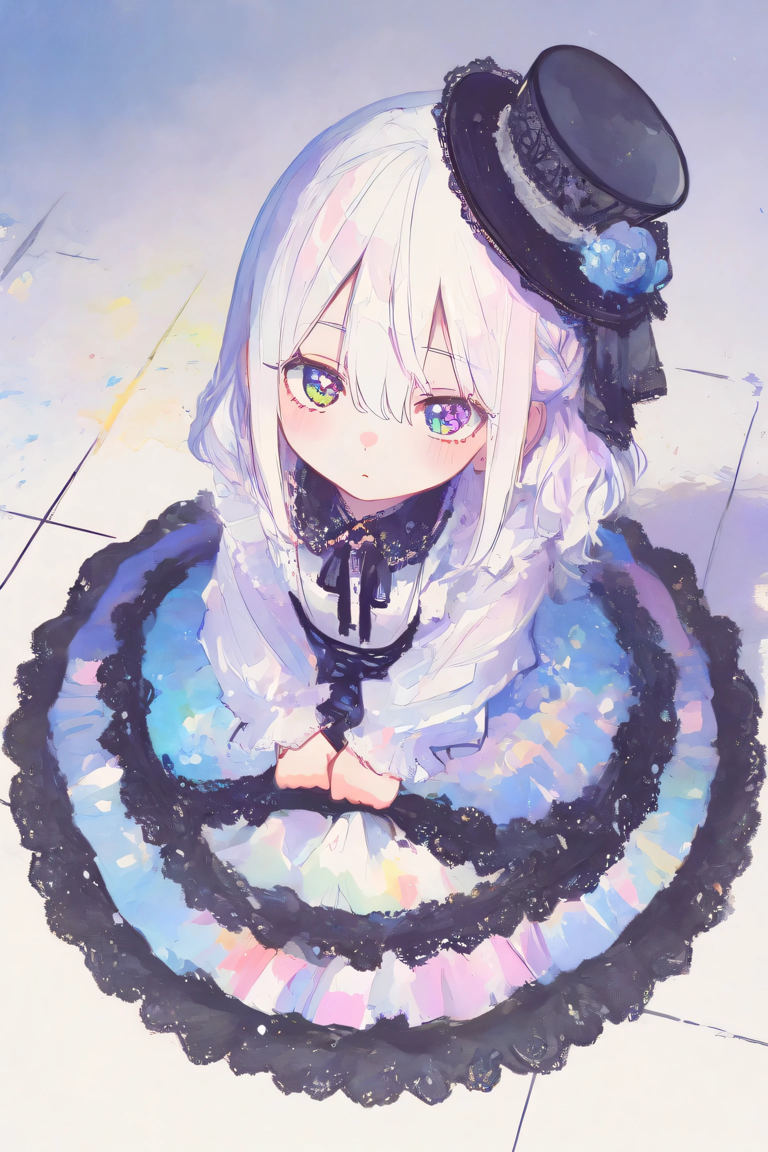 Chibi: 1.2, cute: 1.2, cute eyes: 1.2, gentle: 1.2. Happy, ((Masterpiece, Detailed: 1.2)) (Highest Quality), (Masterpiece: 1.2), (Colorful: 0.9), (Color Scattering), (Watercolor), Ink Painting, Sharp Focus, High Resolution, (Anime Style: 1.1), ((Highest Quality)), (Super Detailed), (Beautiful), Alone, wearing a black lace ta dress, long sleeves, white hair, a small braid at the end, slightly curled, black lace Aristocratic hat, blue eyes, cute, masterpiece, best image quality, highest quality, Alice in Wonderland のコスチューム, colorful long いブロンドのhair, colorful eyes, perspective from above, (Lori: 1.5) sitting, holding the hem of the skirt with one hand