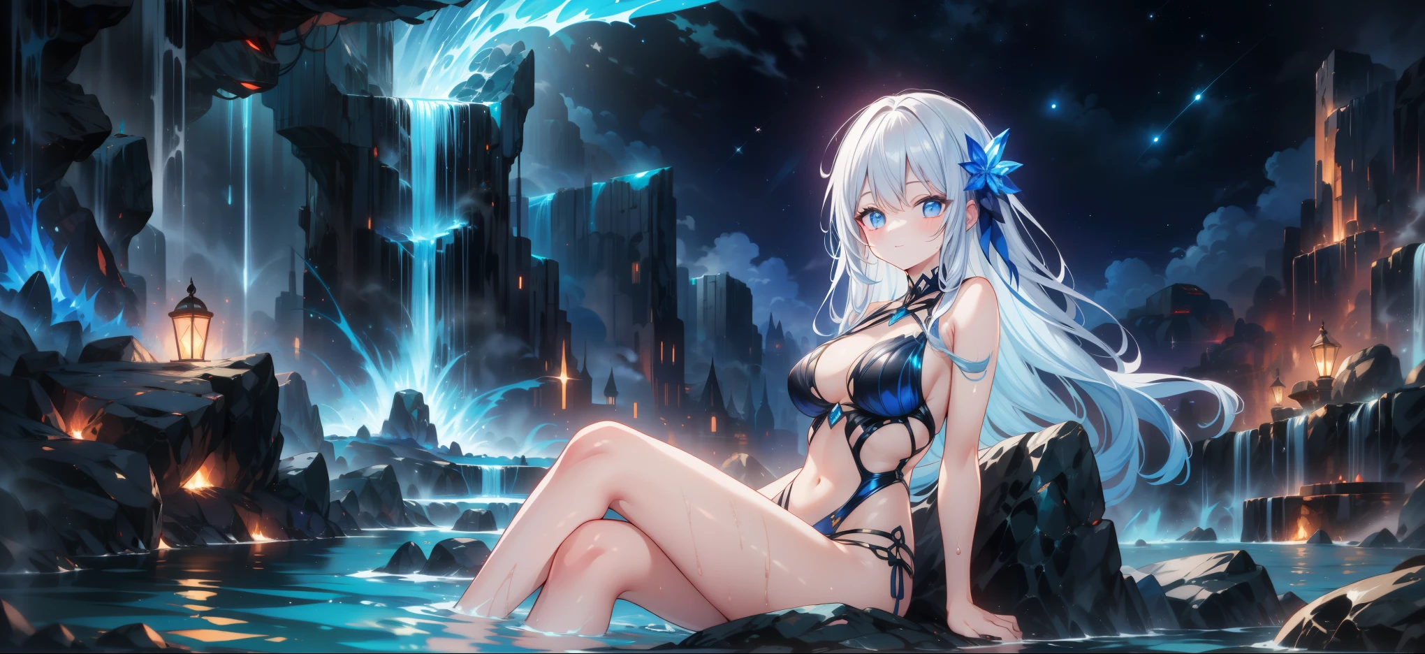 (masterpiece、The ultra -High definition、Extremely slim and beautiful、Ultra-high power 8 kilometers:2)、(Girl getting wet:1.4)、(Blue Metallic Clarity bikini:2)、(Transparent skin: 1.6)、(Long side tail hair:1.8)、(Beautiful eyes:1.8)、、(Nominal body type)、(Glamorous:1.4)、(Muscle:1.4)、(Slim thighs:1.6）、(Thin leg :1.6)、(a smile)、perfect proportions，correct anatomy、good anatomy、(Moon and Milky Way:1.4)、(dynamic angle:1.6)、(dynamic pose)、(Sit by the pool at night: 1.4)、
