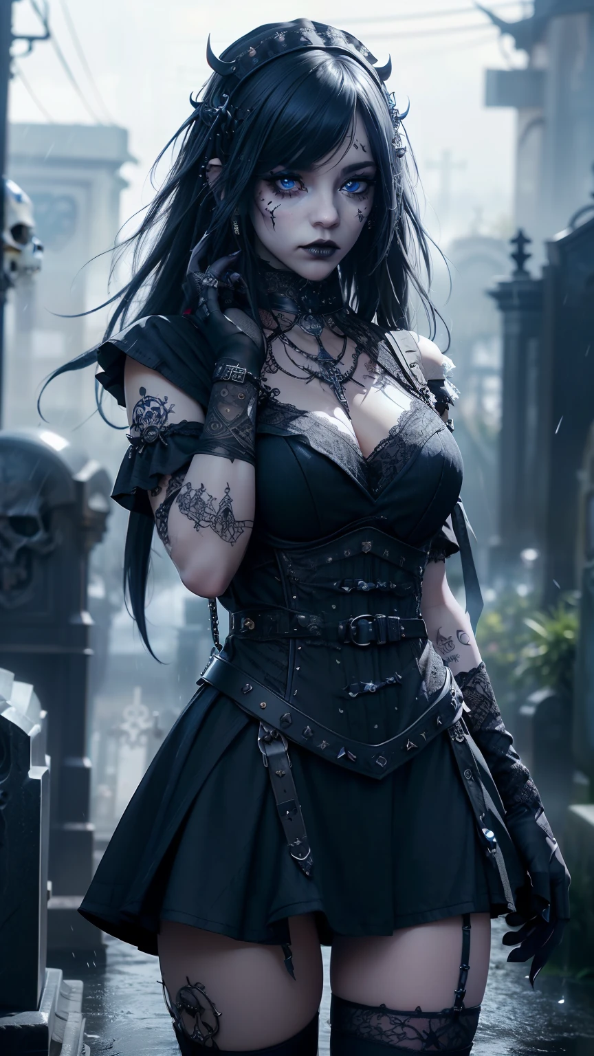 (sideways view, above view),score_9, score_8_above, score_7_above, score_6_above, Classification_explicit, 1 girl, ((18 years:1.2)), adult, full lips, ((by rubio:1)), (cabello ondulado long: 1.2),(punk rock gothic :1.4 )、(Face details: 1.5, bright blue eyes, beautiful face, pretty eyes, iris coating, thin lips: 1.5, delgado, pale and sharp eyebrows, long, dark eyelashes, double tabs),(gothic fashion:1.4)、(neogothic:1.3)、(Fine-grained denim dress:1.4 )、(Dressing a detailed steampunk maid in denim and white.:1.5)、(lace collar and sleeves:1.1)、(knee high socks:1.3)、(heart mark decoration:1.unrock fashion gloves:1.4)、(luxury hair ornament:1.4)、(heart brand belt)、(Denim High Heels)、(The underwear is striped.:1.4)(bright colors), ,( cyberpunk 2.1),( Alone), (background cemetery tombstone walls large stones:1.4), (bright colors), (background rain falling cloudy dark skulls :1.4), (showing panties :1.4), More detailed 8K.unreal engine:1.4,UHD,La Best Quality:1.4, photorealistic:1.4, skin texture:1.4, masterpiece:1.8,first work, Best Quality,object object], (detailed face features:1.3),(The correct proportions),(Beautiful blue eyes:1.4 ),  (dynamic cowboy pose),(black lingerie lace style :1.4), (realistic V2.1) 