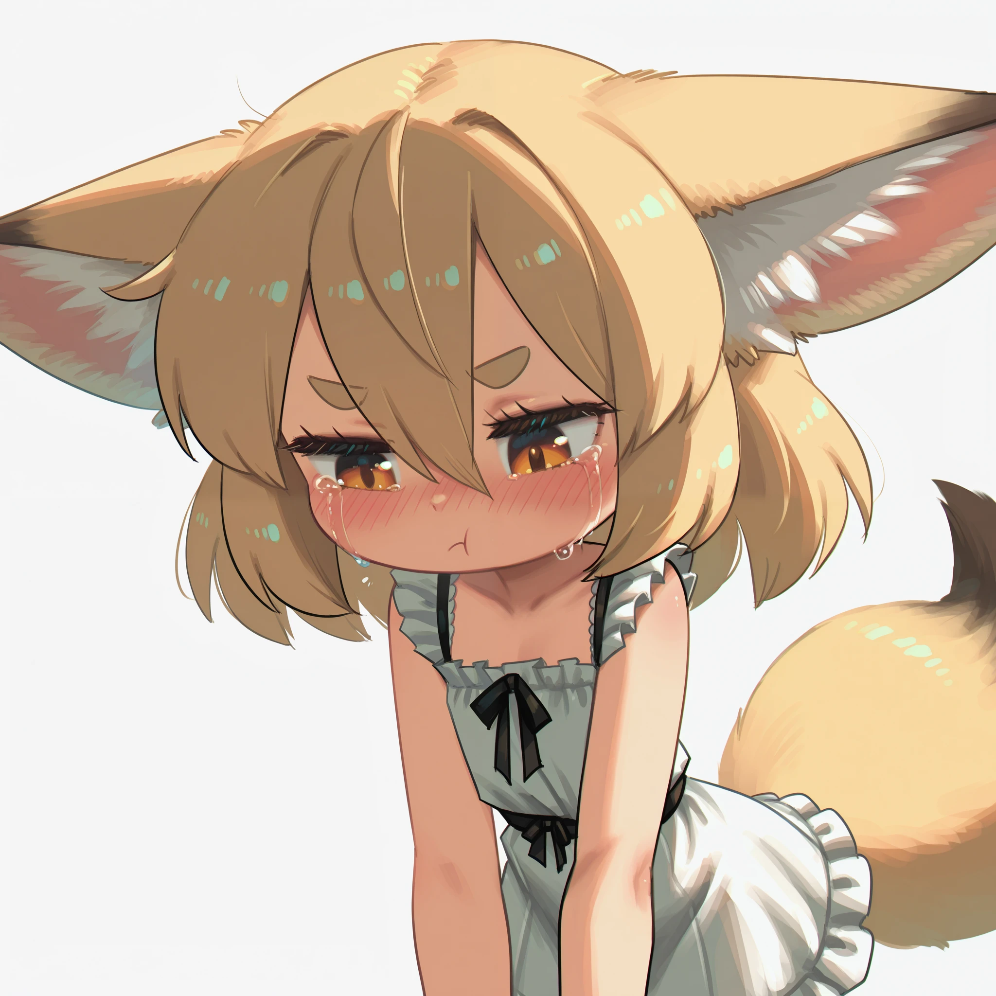 by porforever, 1girl, fennec girl, beige hair, short hair, fox girl, orange eyes, animal ears, large ears, animal ear fluff, hair between eyes, (loosely tucked bangs, very long bangs), fluffy hair, eyelashes, (round eyebrows), short eyebrows, loli, flat chest, small tail, beige fox tail, white dress, sleeveless dress, frilled dress, frilled straps, streaming tears, pout, blush, looking down, yurie mouth, cute, white background, simple background, masterpiece, best quality, amazing quality, very aesthetic, high resolution