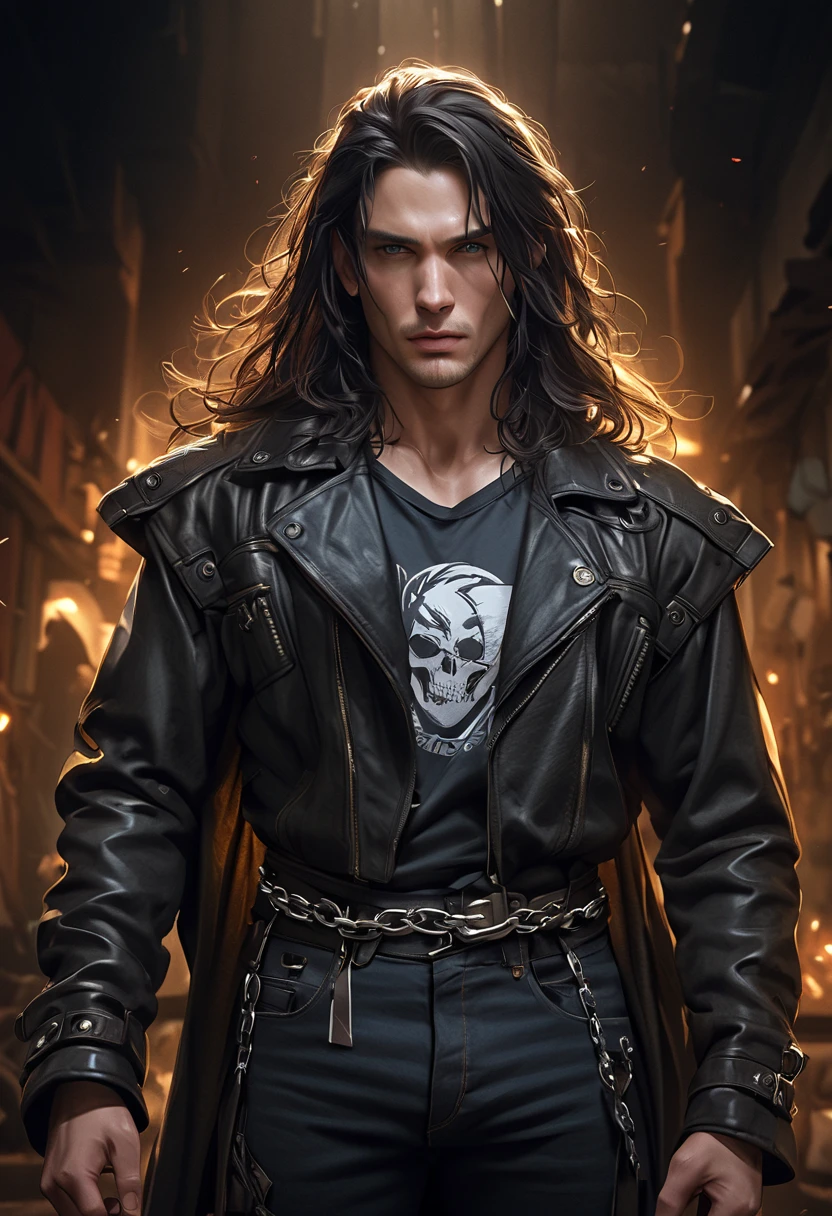 "Create an illustration of Bartese Mory, a man marked by burn scars on his face. His eyes carry the intensity of smoldering embers, reflecting his unwavering determination. He wears a dark leather jacket adorned with intricate patterns that enhance his imposing presence. His dark, slightly wavy hair falls around his face. The dark cloak he wears moves gently in the wind, adding a touch of mystery to his figure. His posture and expression reveal the duality of his journey, representing both the dark past he has overcome and the hope he now carries."