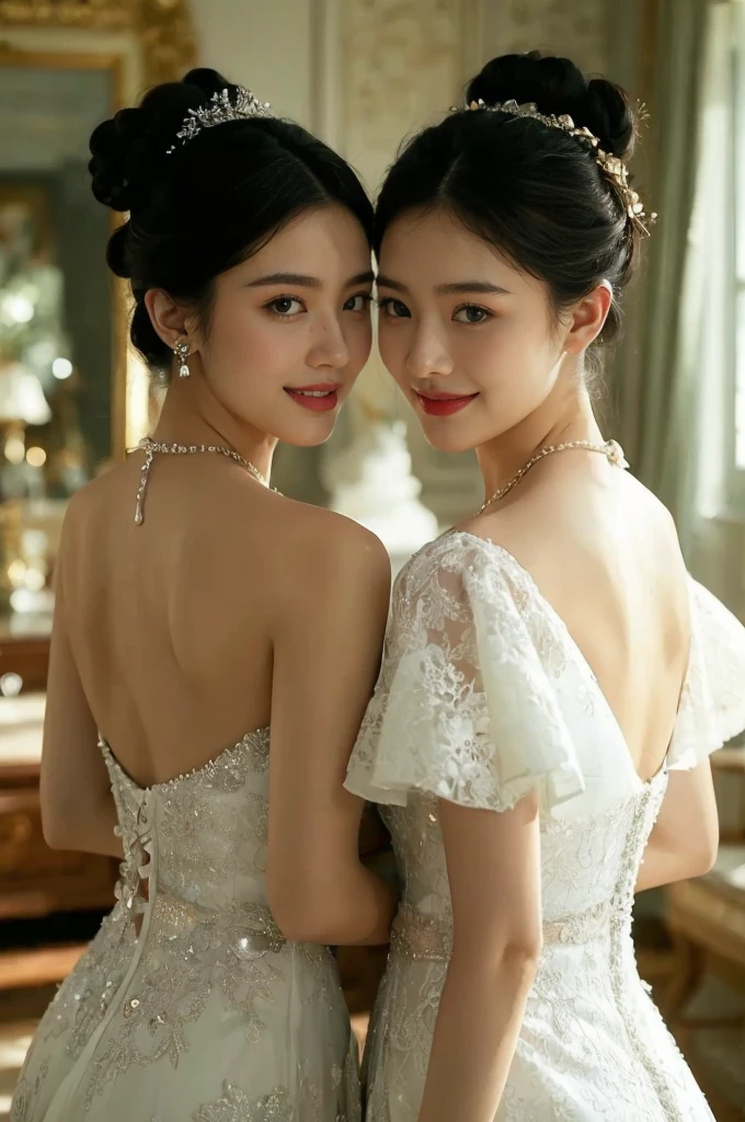 (masterpiece, highest quality, official art, beauty and aesthetic:1.5), perfect ???????, two stunning bride is deeply in love with each other, kiss, romantic atmosphere, flower and moon, magnificent panorama view