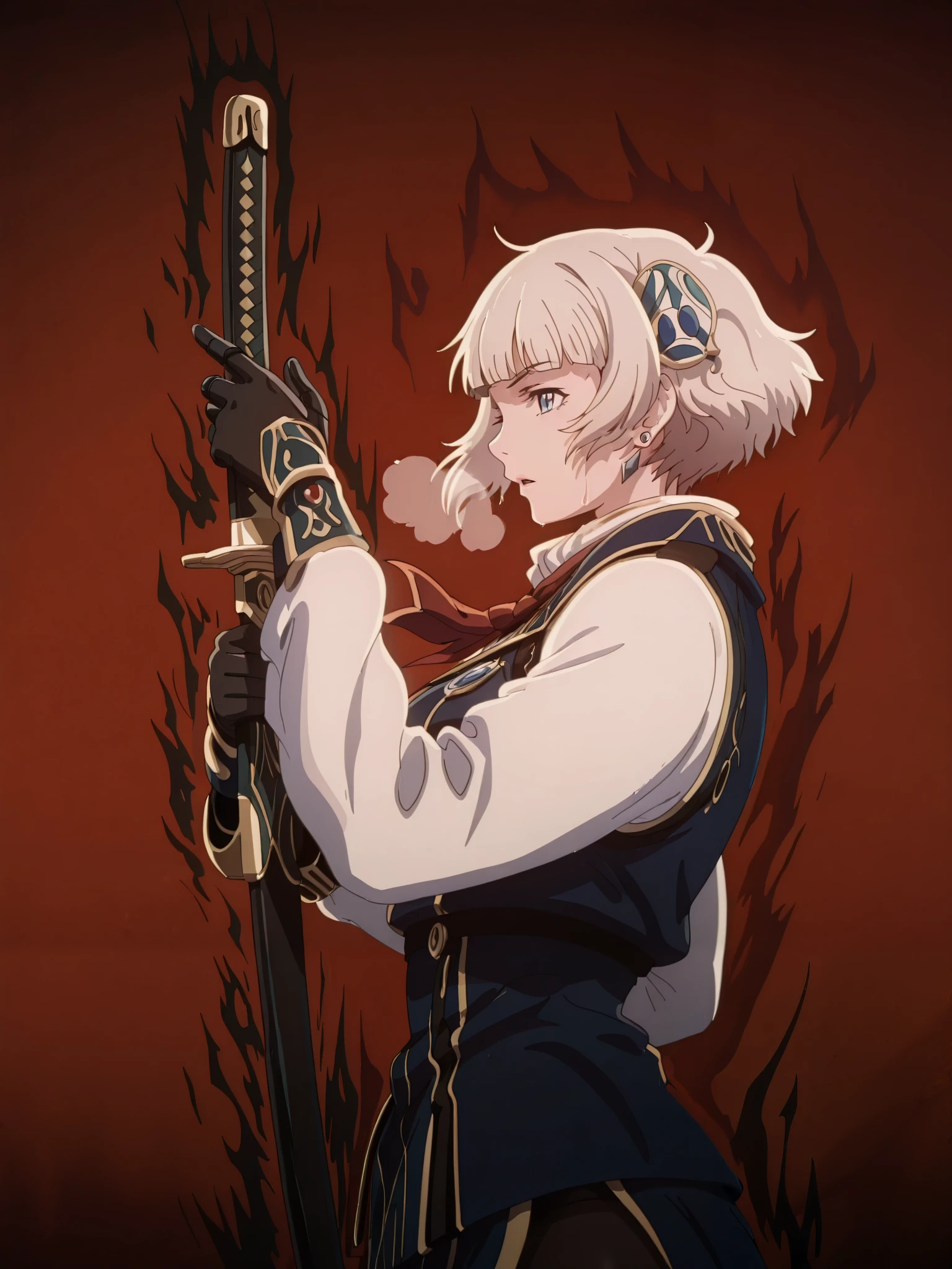 (Luxu-style:1.4), twotr, anime coloring, anime-style, anime screencap, detailed background, vignetting, masterpiece, high quality, absurdres, best quality, very aesthetic, newest, dynamic composition, anatomical correct, HD, 4K, digital art, trending on ArtStation, perfect body, perfect eyes, perfect fingers, gasping, heavy breathing, excessive sweating, sweating, sweating profusely, gasping profusely, cinematic, ((skindentation)), ((voluptuous)), meteora osterreich, white hair, short hair, blunt bangs, hair ornament, blue eyes, bright pupils, ((white outline)), (aura), (black aura:1.2), 1girl, weapon, solo, sword, red_background, earrings, jewelry, katana, holding_weapon, holding, simple_background, ear_piercing, sheath, holding_sword, mechanical_arms, piercing, cyberpunk, profile, from_side, sheathed, looking_at_viewer, cyborg, cropped blue blazer, white shirt, red necktie, blue skirt, black pantyhose,
