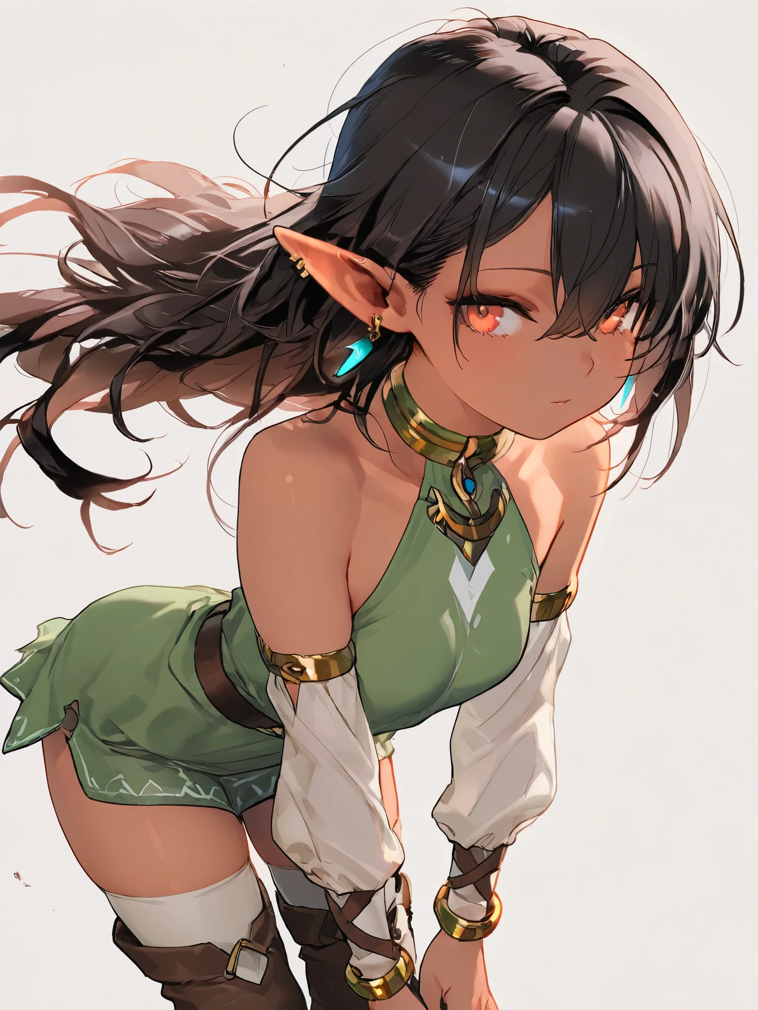 simple background,Elf,earrings,Short boots、high image quality、1 girl、full of energy、Long、slender、Superb Details、arms