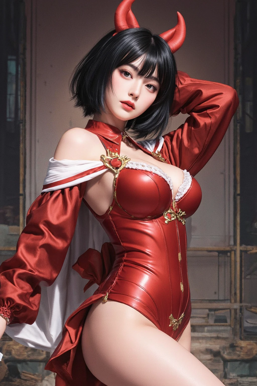 black long hair , wearing a maid outfit, kneel down, feet and five fingers, Background backlit masterpiece, highest quality, 1 girl，thin waist，bangs, Ribbon Ponytail, brown hair, (blush:1),That costume only opens wide at the chest...， beautiful big breasts, (erect nipples:1),Thighhighs