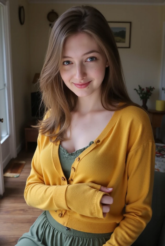 Thanksgiving theme, fall colors like orange and browns, lady at dinning table wearing a cute sexy sweater and skirt, (smirk), (((small breast))), very long hair
