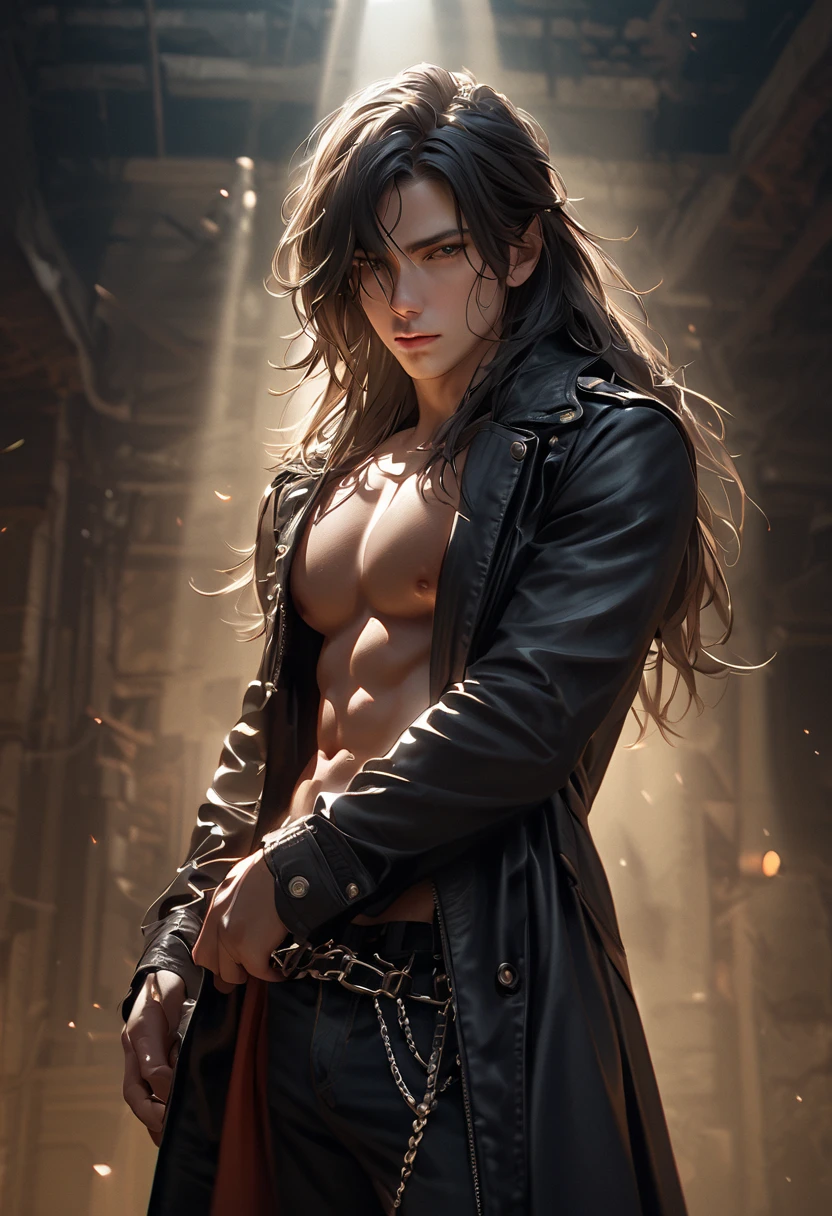 masterpiece, best quality, 1 guy, solo, handsome 20 year old, fair skin male, long length dark hair, perfect face, chest abs, slender, masculine, long hair