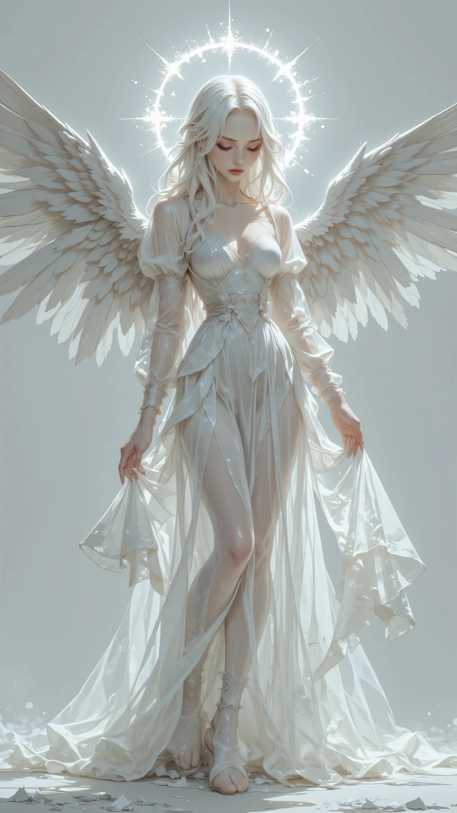 8k, Masterpiece, Top Quality, pale blonde, delicate features, translucent gown, paint-splatter effect, flowing, wings, halo, graceful pose, slightly angled, downward gaze, melancholic expression, delicate makeup, soft grey background, ethereal, dreamy, surreal.