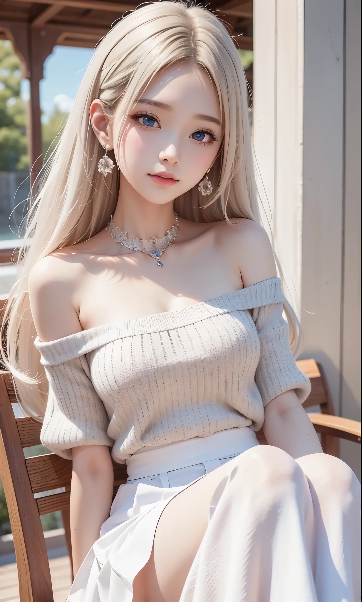 There is a woman in a white dress, artwork in the style of Gwaiz, Gwaiz on pixiv artstation, Gwaiz on artstation pixiv, Gwaiz, Fantasy art style, Gwaiz masterpiece, Beautiful and elegant queen, Beautiful character drawings, Detailed digital anime art, Blonde Princess, Gray Hair, Sky blue eyes, Pink Lips, off shoulder sweater, reika