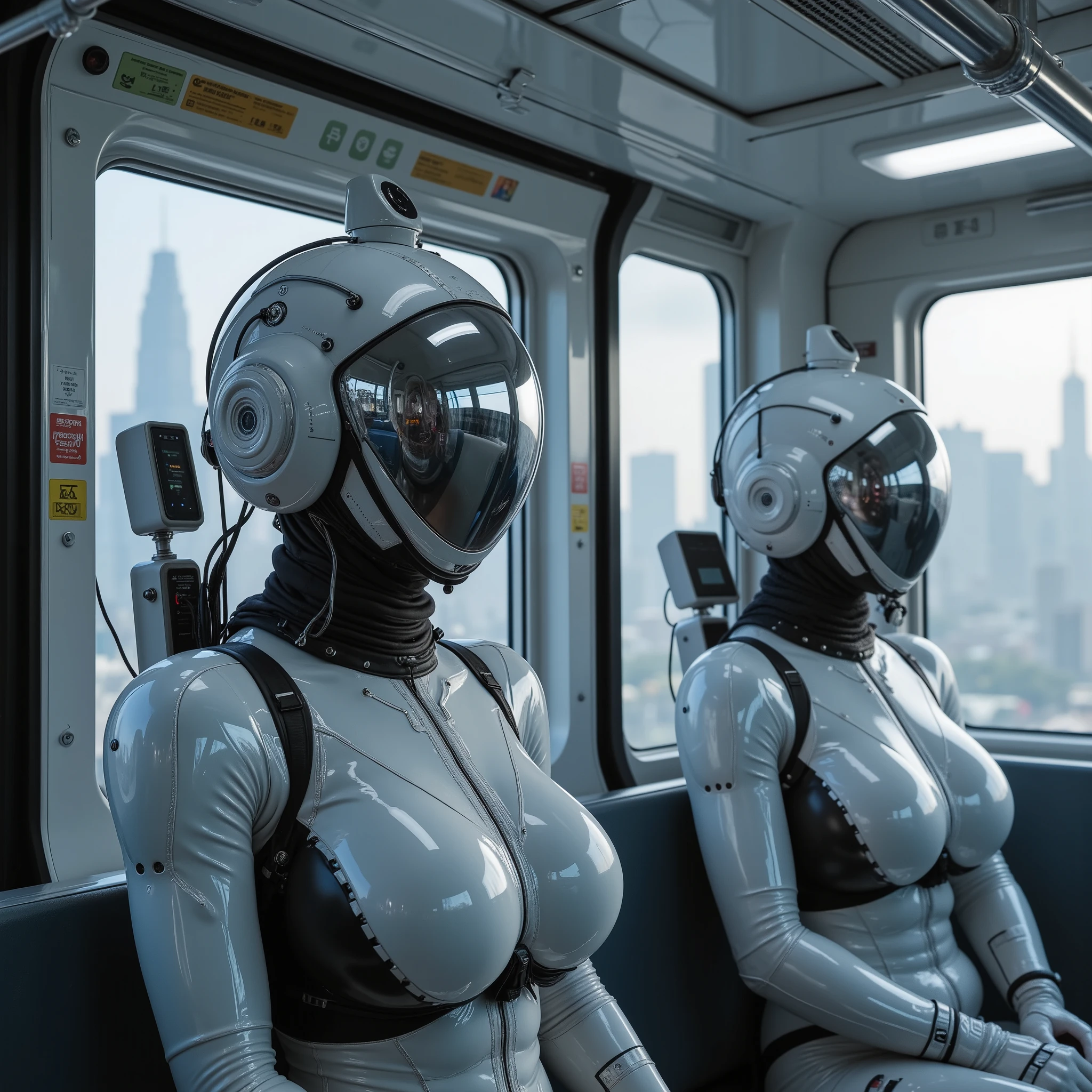 Masterpiece photo, photorealistic view inside a futuristic subway car with a very few only female (((fullbreasted))) cyberdrones as passengers. Their heads and faces are completely enclosed in closed cyber helmets with reflecting chrome visors. Bodies are fully clothed, completely covered by tight closed clear transparent latexsuits under black rubber strap harness. Helmets, bodies and suits are also covered by big electrodes, sensors, controlpanels, electric cables, hoses, receivers for remote control. They all have small flat technichal backpacks. Tight waists, huge round breasts. The interior of the subway car is far futurist. The overhead handrail is polished, and the floor appears to be made of metal. There is also a rounded white control unit with small black screen and camera placed under the ceiling, sending blue laser beams to some of the helmets. The overall ambiance of the image evokes a sensense of a far off future and highly advanced technology. Outside the car, there is a futuristic city visible with skyscrapers in extraordinary shapes in bright morninglight. photography                            