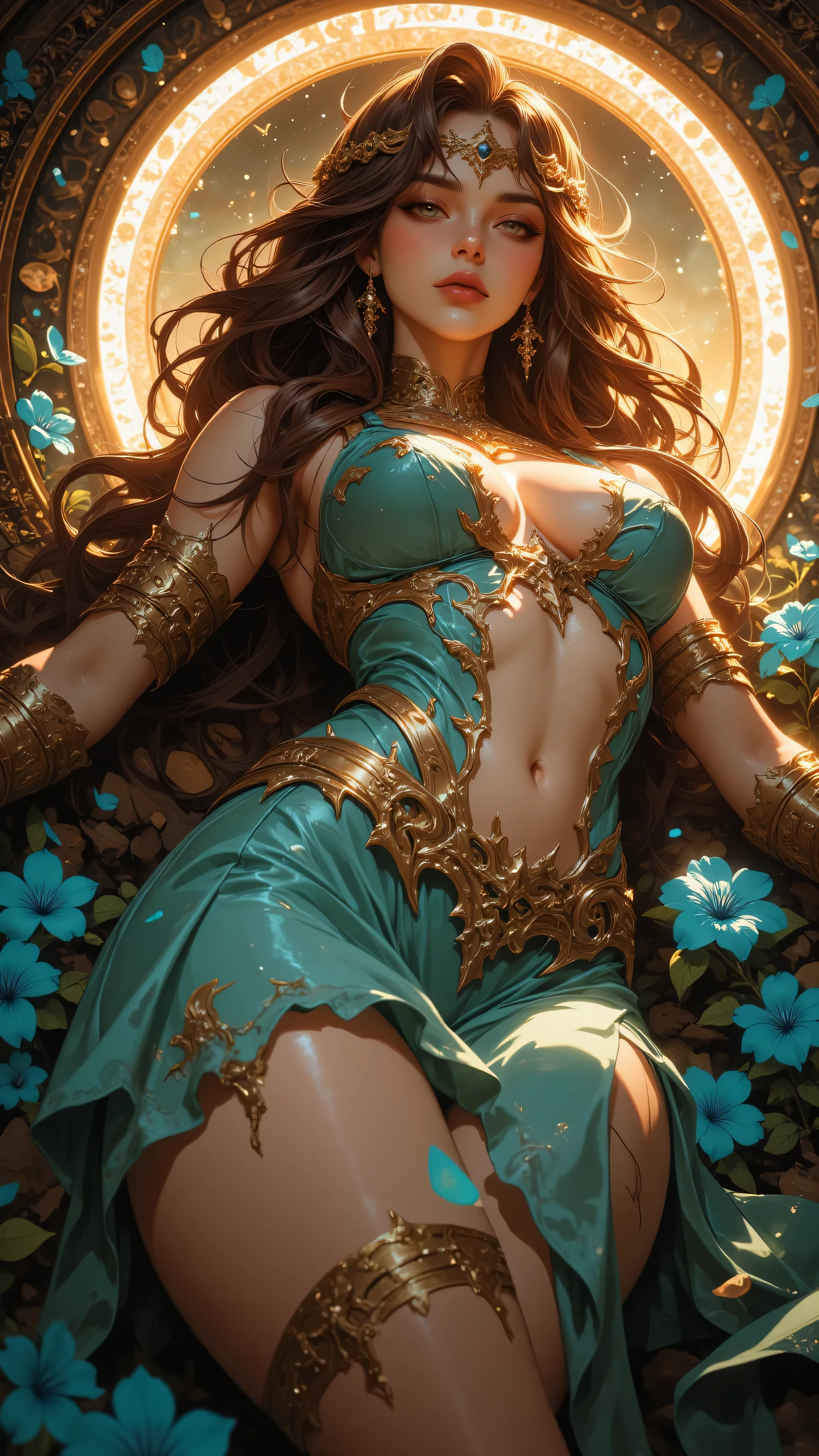8k, Masterpiece, Top Quality, Close-up,  low-angle,  fair skin, brown hair,  waves, teal dress, gold detailing, low-cut, midriff, legs, golden armbands, garters, blue flowers,  arched arms,  serene, alluring, circular decorative element, gold, celestial, mythological, soft lighting,  fantasy art, digital illustration, warm, rich, teal, gold, brown.