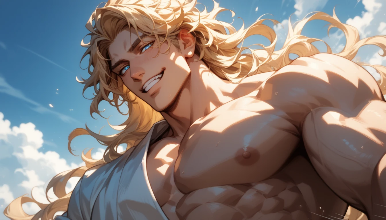 Mighty fighter, chest exposed, lower body unclothed from thighs to feet, flowing long curls, detailed muscular physique, photorealistic depiction, 4K resolution. Background: Martial arts dojo,32k uhd, best quality, masterpiece, super detail, high details