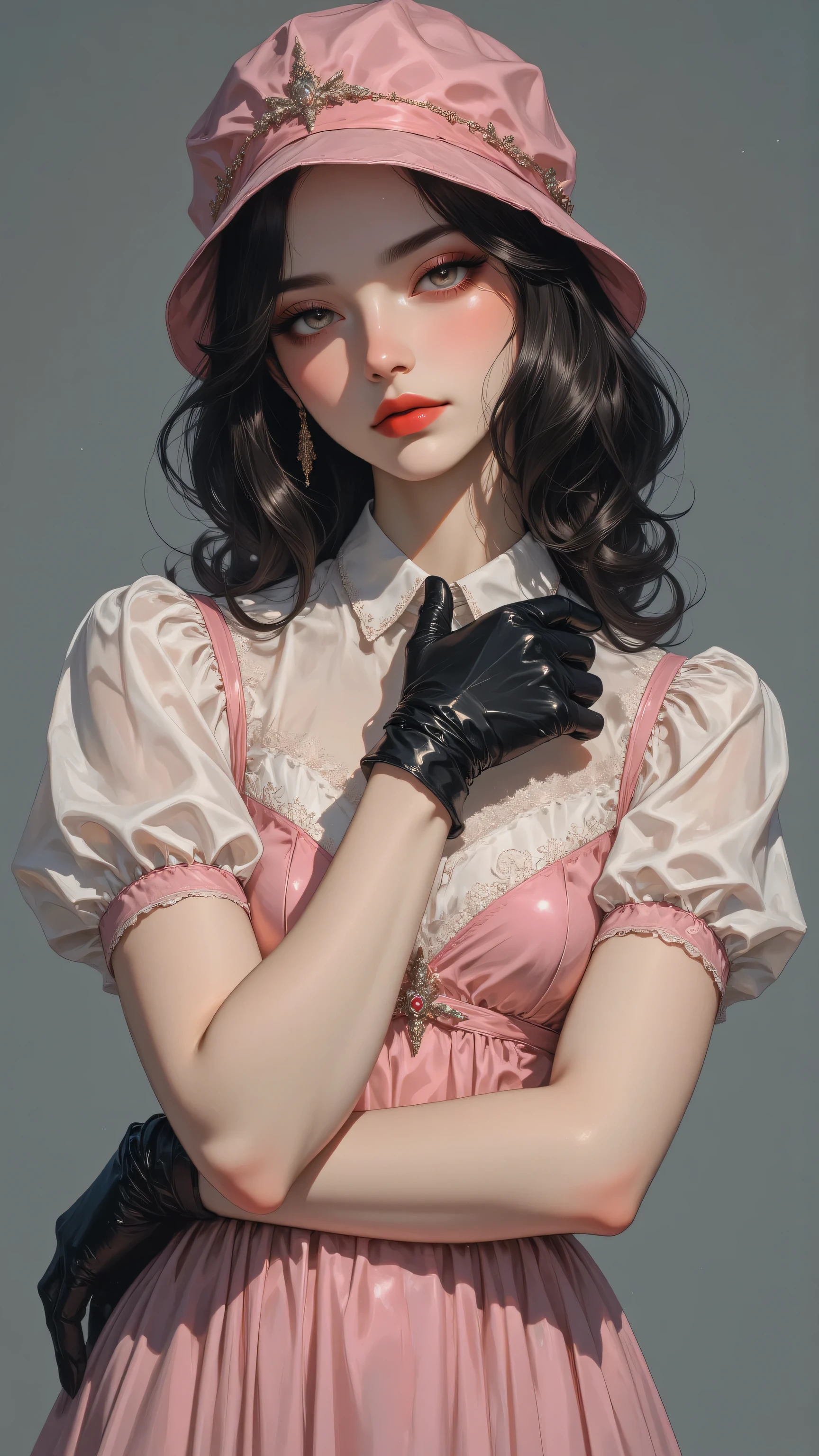 8k, Masterpiece, Top Quality, Pale skin, red lips, defined eyes.  Pink dress, puff sleeves, small collar, black gloves, cloche hat.  Hand on chest, holding hat.  Plain gray background.
