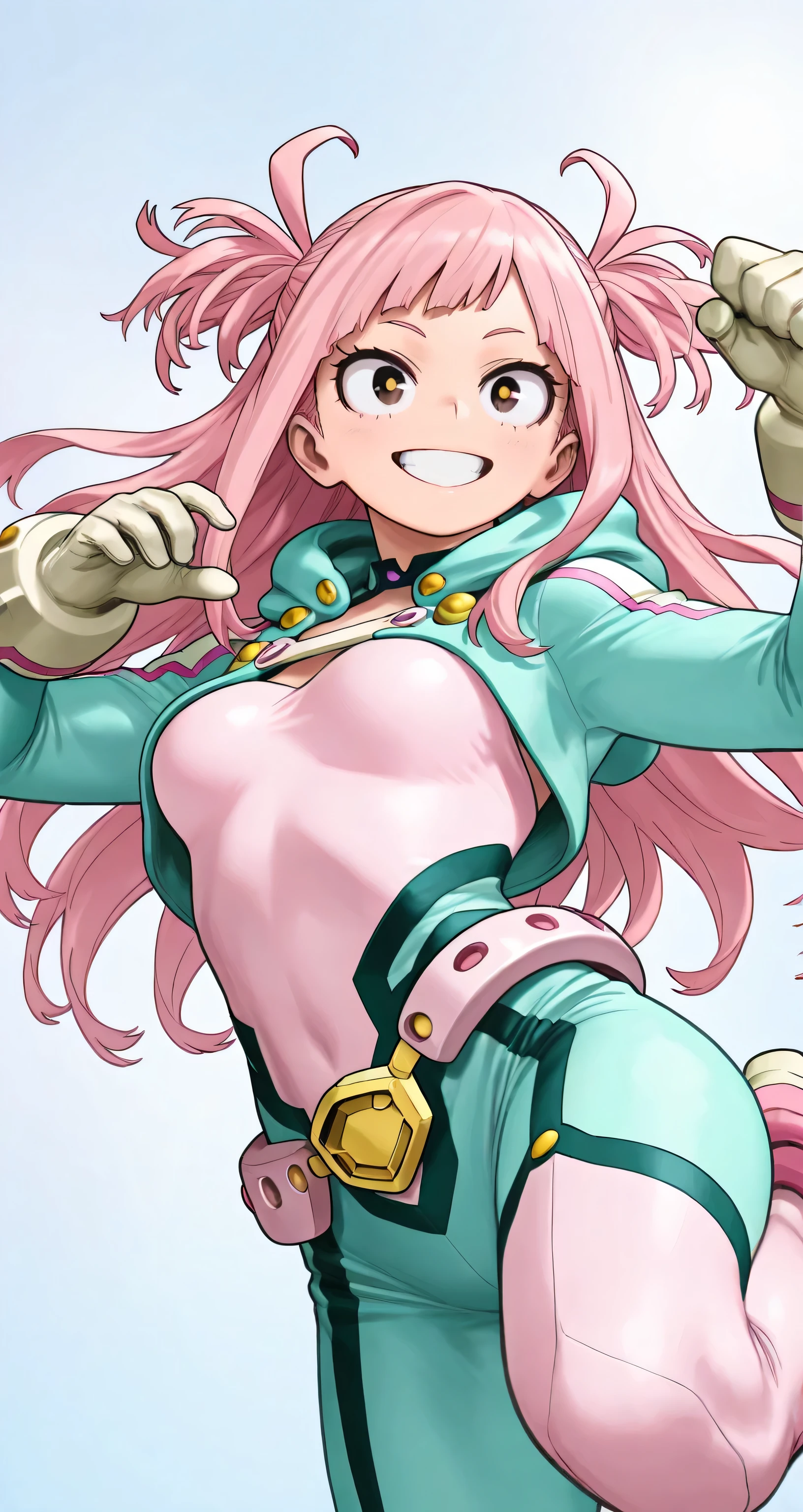 two side up, pink hair, My Hero Academia style, Kohei Horikoshi, pastel colors hero suit, cropped hoodie, small breasts, A dynamic pose, long hair, jumping
