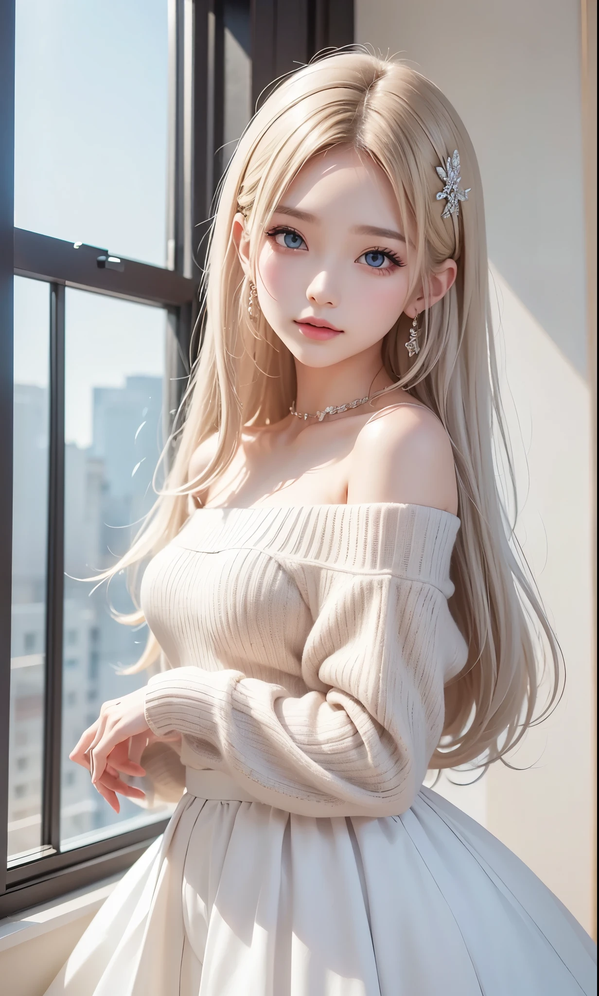 There is a woman in a white dress, artwork in the style of Gwaiz, Gwaiz on pixiv artstation, Gwaiz on artstation pixiv, Gwaiz, Fantasy art style, Gwaiz masterpiece, Beautiful and elegant queen, Beautiful character drawings, Detailed digital anime art, Blonde Princess, Gray Hair, Sky blue eyes, Pink Lips, off shoulder sweater, reika