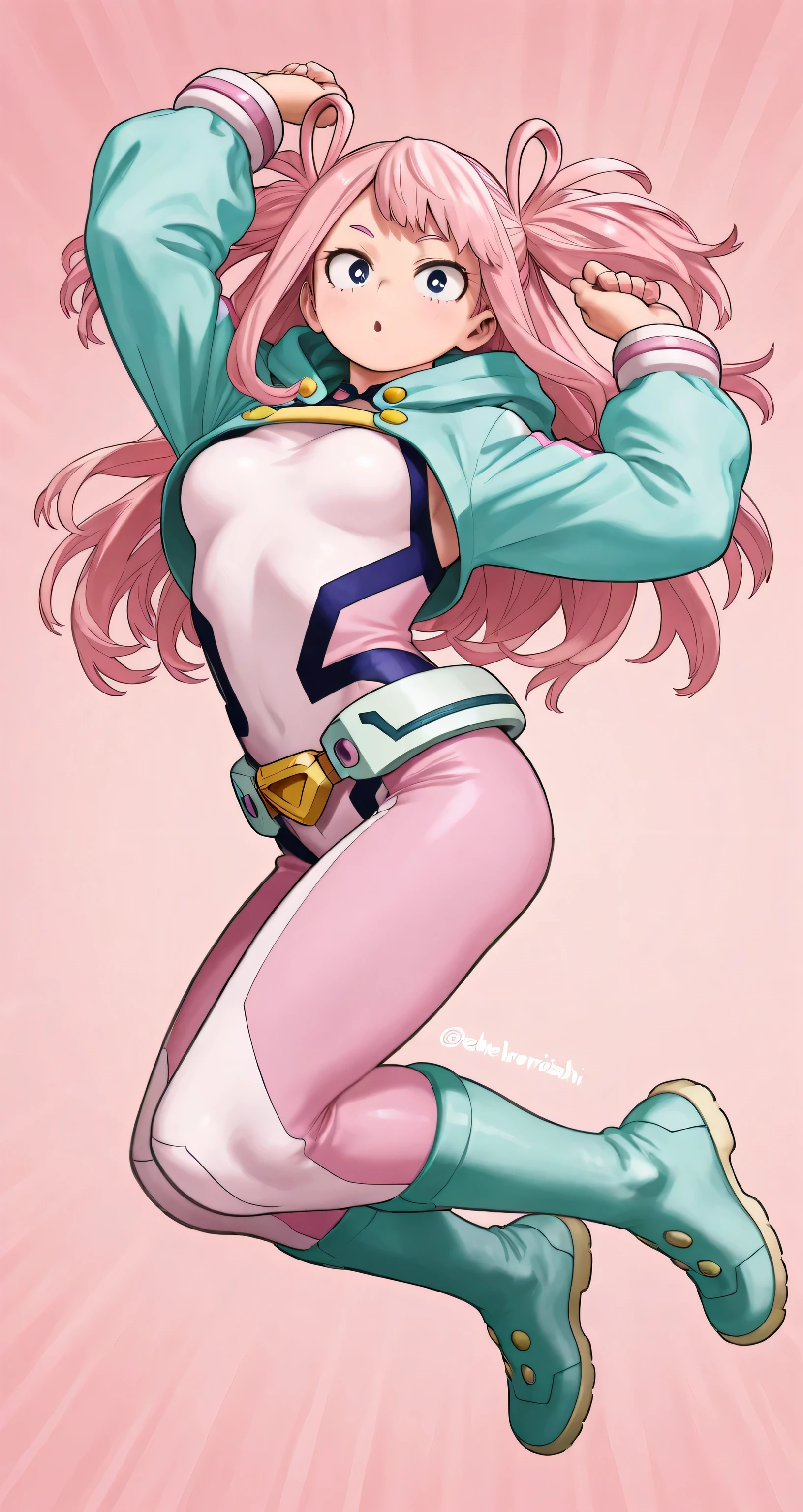 two side up, pink hair, My Hero Academia style, Kohei Horikoshi, pastel colors hero suit, cropped hoodie, small breasts, A dynamic pose, long hair, jumping, full body