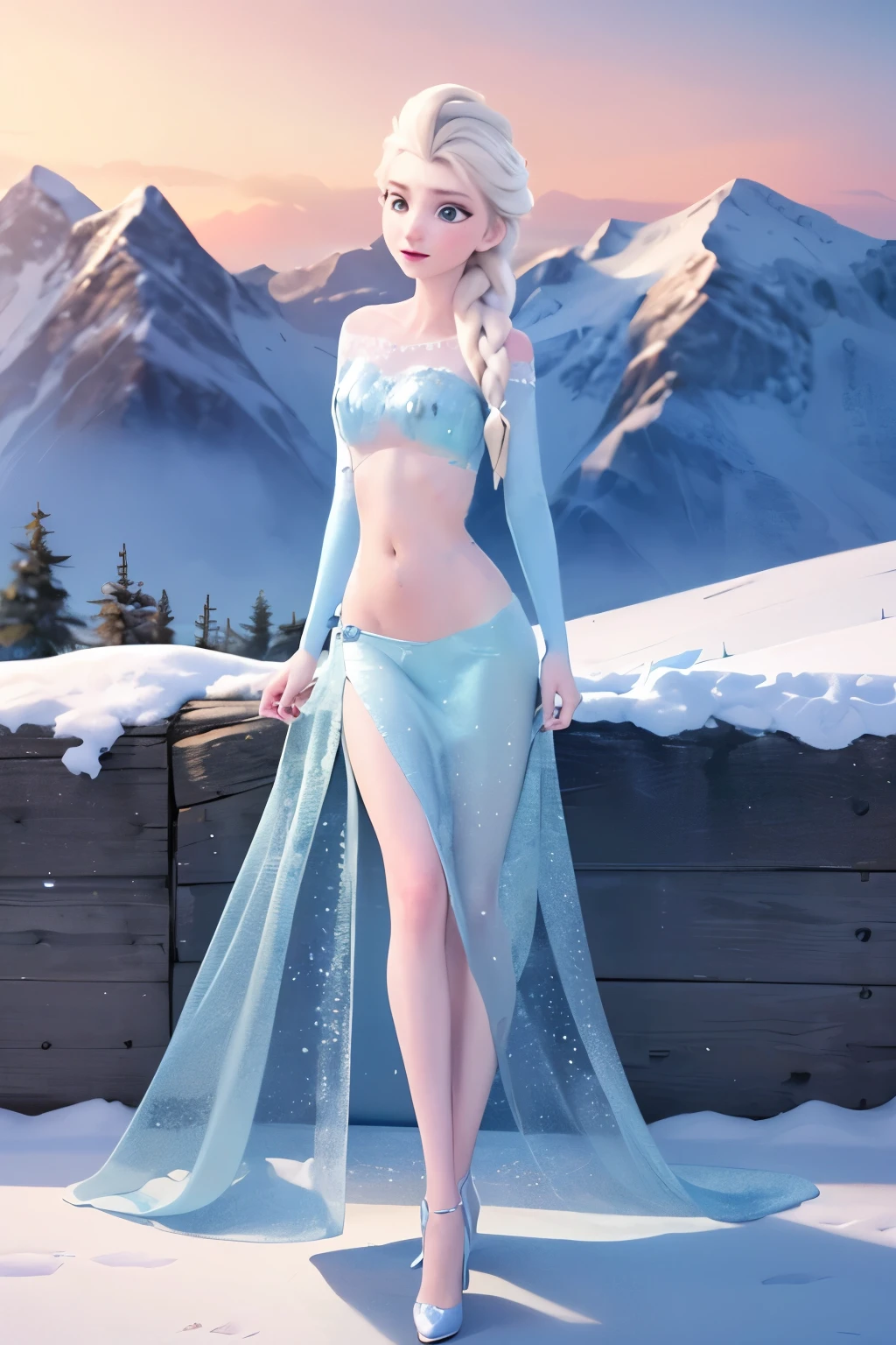 Queen Elsa open thighs, ,frozen,white pamties, Long white braid,blue frozen slit dress,shoot from below,white transparent cloak,