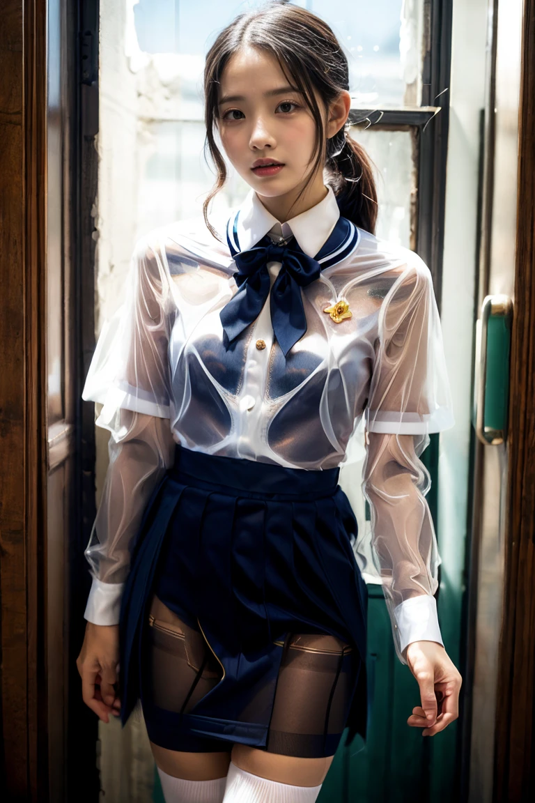 (RAW shooting, Photoreal:1.5, 8K, highest quality, masterpiece, ultra high resolution), perfect dynamic composition:1.2, street corner at night, cry:1.3, (((Typhoon heavy rain))), Highly detailed skin and facial textures:1.2, Slim high school girl wet in the rain:1.3, sexy beauty:1.1, perfect style:1.2, beautiful and aesthetic:1.1, Fair skin, very beautiful face, water droplets on the skin, (rain drips all over my body:1.2, wet body, wet hair:1.4, wet uniformスカート:1.2, wet uniform:1.3), belt, (Medium chest, Bra is sheer, Chest gap), (expression of sadness, lovelorn, The expression on your face when you feel intense caress, Facial expression when feeling pleasure), (beautiful blue eyes, Eyes that feel beautiful eros:0.8), (Too erotic:0.9, Bewitching:0.9), cowboy shot, shoulder bag, earrings, bracelet, clock