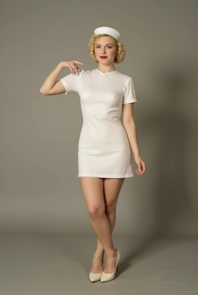 A portrait of a blonde woman with shoulder-length wavy hair posing against a light blue background. She is wearing a tight, white tank dress with red straps, accentuating her curves. Her left hand rests on her thigh while her right hand is touching her head, pushing her hair back. She has a slightly tilted head and closed eyes, with a soft, sensual expression on her face. The lighting is bright and even, casting subtle shadows that highlight the contours of her body. The overall mood is intimate and stylish, capturing a moment of relaxed elegance.