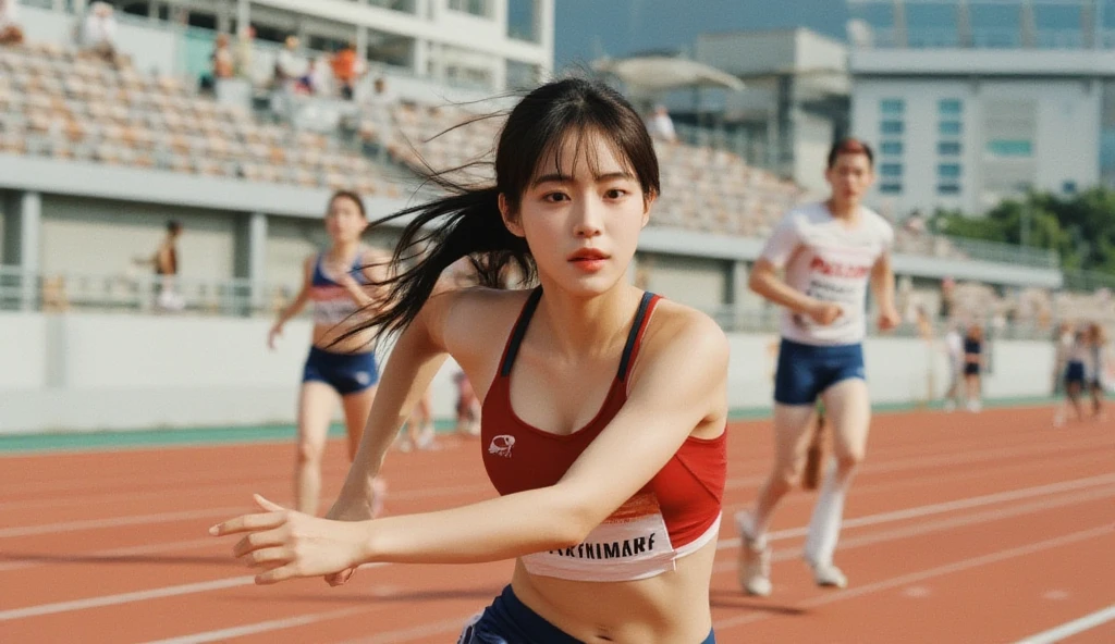 (((Sports, Short, Long, Running, Jogging, Marathon, Exercise, Athletics, Running, Running Posture, Running, Feeling of Galloping, Sweat, Sweat, Sweating Lots)))), ((Volley Uniform: 1.3, White, Red, Blue, Uniform: 1.3, Lower, Swaying, Hetero)), ((White, Red, Blue, Bloomers: 1.2, Low Rise)), (Athletics, Floating Hair NovaFrog Style, Floating Hair, Hair and Clothes That Flutter in the Wind, High School, Slender Abs: 1.2, Navel, Serious Look), (The shape of the pubic area is clearly visible)), Blushing, NSFW, 8k, RAW Photo: 1.2, (Best Quality: 1.4, Masterpiece: 1.4), Super Detail, Best Illustration, Ultra High Resolution, Portrait, Film Grain, 1girl, POV, Depth of Field, Photorealistic: 1.4, detailed hair, realistic hair, realistic lighting, realistic shadows, realistic clothing, realistic skin, natural skin texture, portrait: 0.6, light particles, lens flare, glowing particles: 0.6, bokeh: 1.2, clean: 1.8, professional lighting, photon mapping, radiosity, physically based rendering, incredibly absurd, Glossy skin, pale skin: 1.2, PureErosFace_v1: 0.7, fair skin: 1.1, round face: 1.5, mouth open, puffy eyes, purple eyes, double eyelids, egyosar: 1, floating hair, makeup, Japan girl, lovely thighs, shining thighs, shining legs