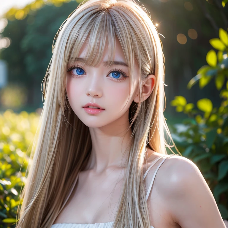 Shining, clear, white skin、Her windblown blonde hair hides her beautiful face、huge、28 years old cute sexy little beautiful face、Beautiful straight hair that stands out、growing up, Sparkling light blue eyes、long silky bangs that cover cute eyes, Sexy and cute young woman with super long hair hiding her sexy face、Super long shiny silver hair