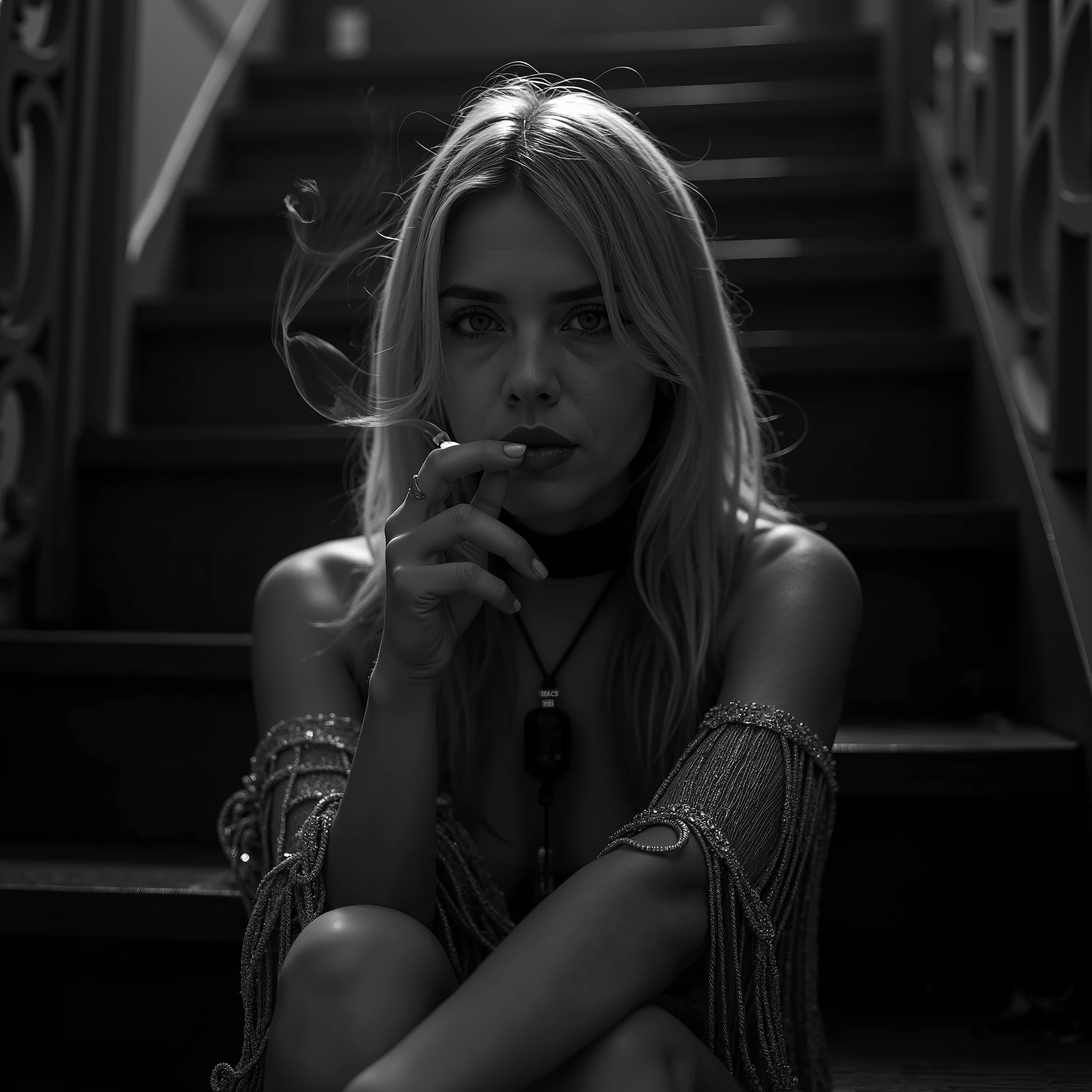 Create a cinematic close-up shot of a captivating blonde woman with loose strands of hair framing her face. She sits on a wooden staircase in a dimly lit space, wearing a shimmering fringed dress that catches the light. A dark scarf or necklace around her neck adds a touch of mystery. She holds a cigarette near her lips, with smoke curling in the air. Her gaze is distant and contemplative. Use high-contrast black and white tones to enhance the drama, with deep shadows and highlights sculpting her features. A blurred background creates depth, contributing to a raw and evocative atmosphere reminiscent of film noir aesthetics.