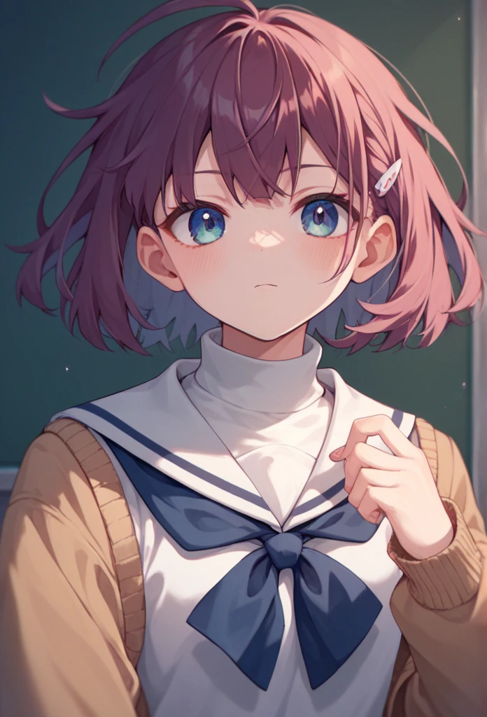 solo, 1girl, yamagishi fuuka, gekkoukan high school uniform, turtleneck sweater,