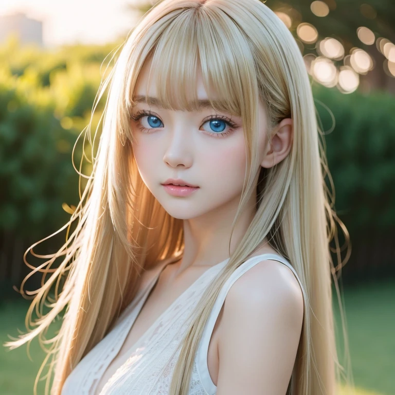 Sexy fresh appearance perfect beautiful cute pretty girl、Long bangs above the eyes、Long blonde hair in the center of the face、Super long blonde straight silky hair、Blonde hair flowing over a beautiful face、Very cute beautiful sexy young little woman、very perfect beautiful cute face、Beautiful clear cute light blue big eyes with fluttering blonde hair、Huge bright eye highlights、small face beautiful girl、cheek gloss highlight、white beautiful skin、round face