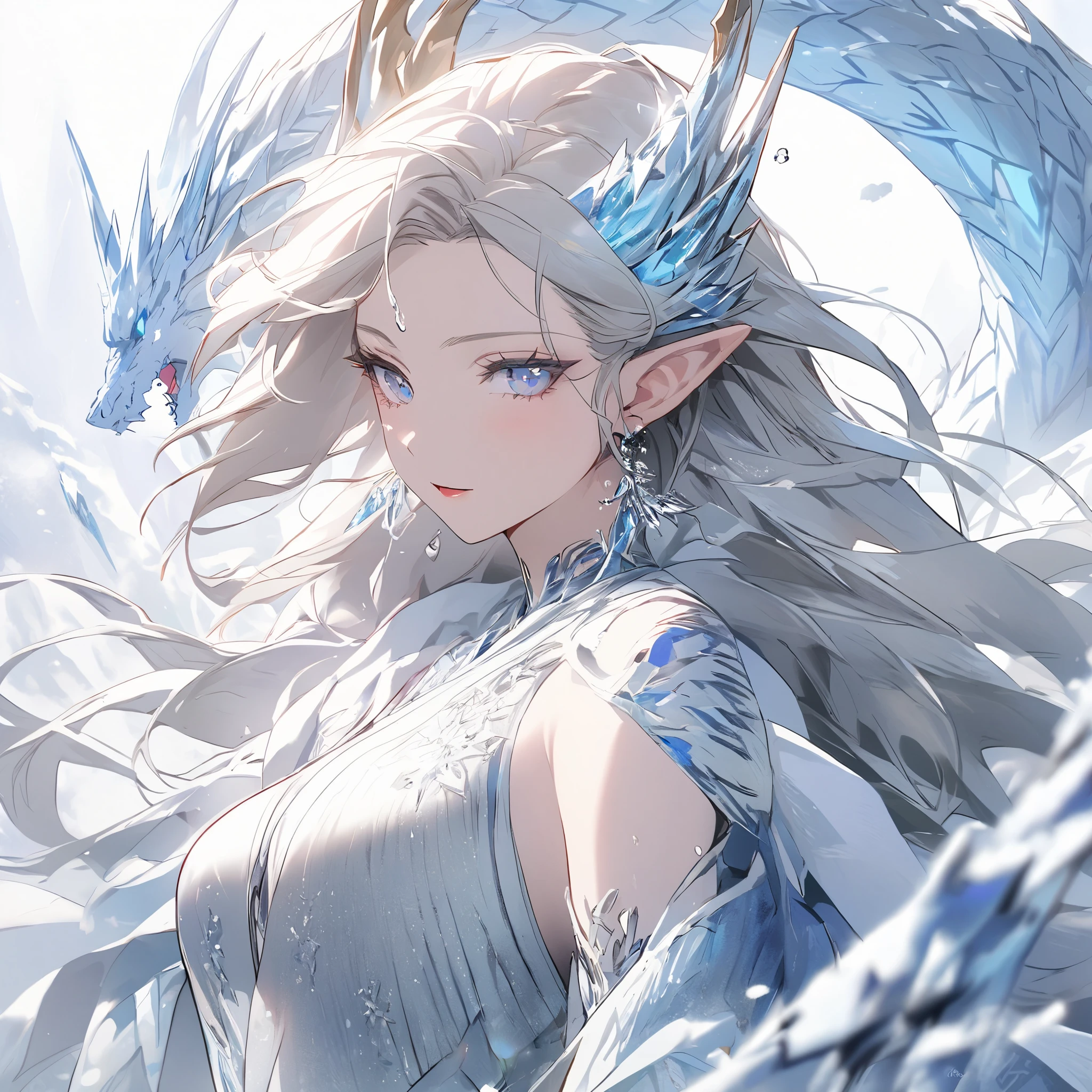 A very kind girl. She has light brown hair, icy blue eyes, she is wearing white blue and brown Japanese clothing, she is an icy dragon. She is the dragon of ice, she is wearing lots of jewelry. Necklaces, breaches, waist beads, hip beads, crowns, head necklace. Her skin is like snow, she is paper white, she has elf ears. She controls the ice and snow ruthlessly. Her skin has blue in it and kinda looks like she’s always freezing. Her eyes glow a hue of blue, and literally glow. She has tattoos and markings on her body that glow as well. Her hair has streaks of white and blue in it.