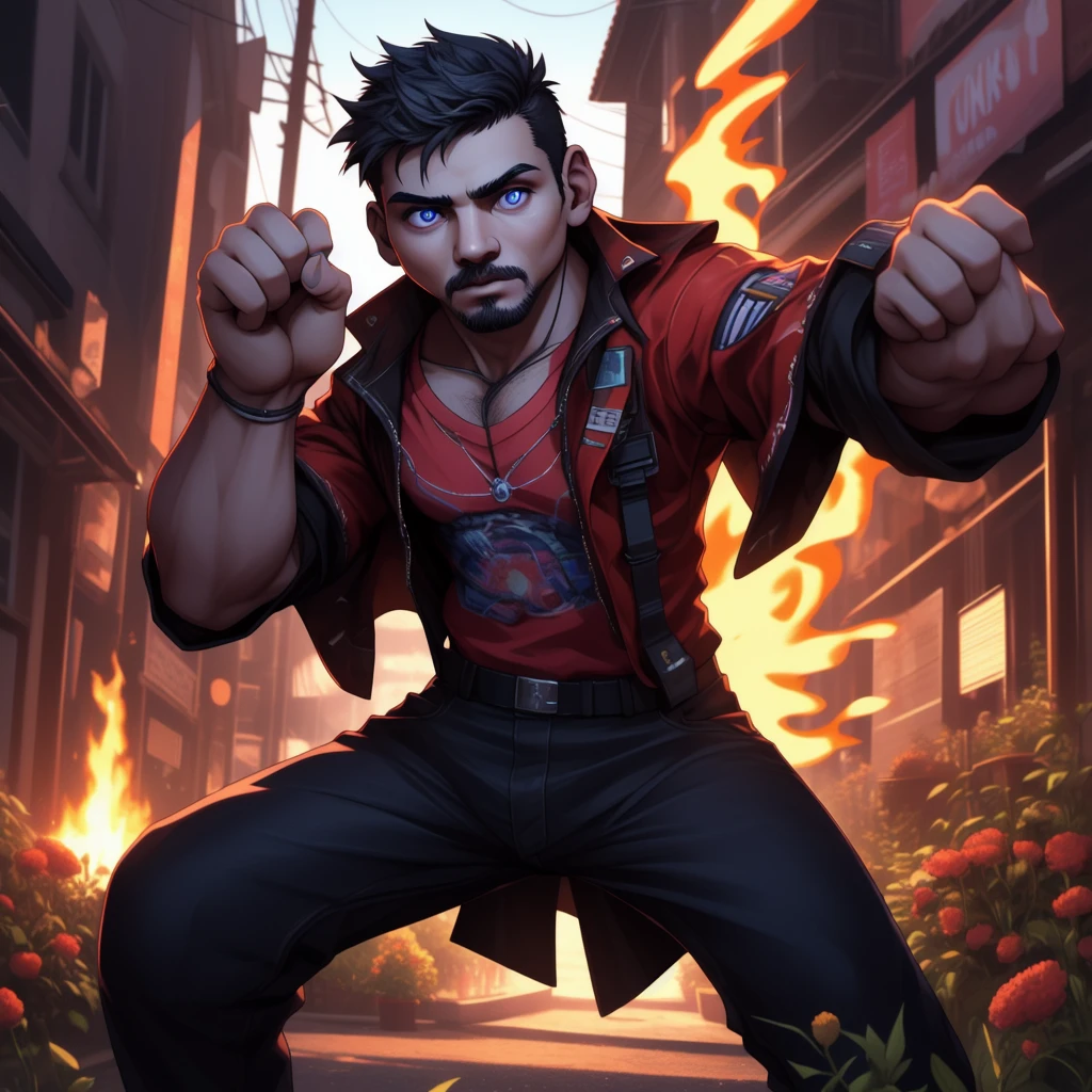 agnimon huoshenshou, fire, cyber realistic neon light glowing, solo, fight stance, a handsome boy