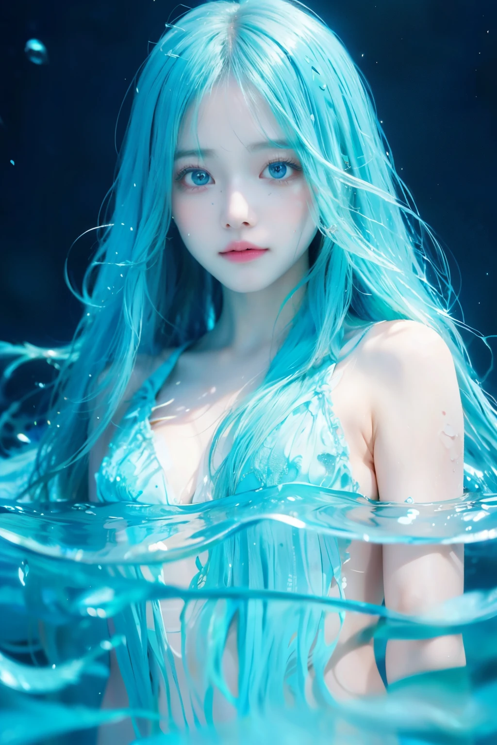 Long-haired girl floating in water, Aqua Eye, Stunning facial portrait, Guviz-style artwork, beautiful portraits, beauitful face, Guviz, Watery eyes, Detailed digital art, Digital art, Beautiful artwork, Loish et WLOP, blue watery eyes, Beautiful digital artwork