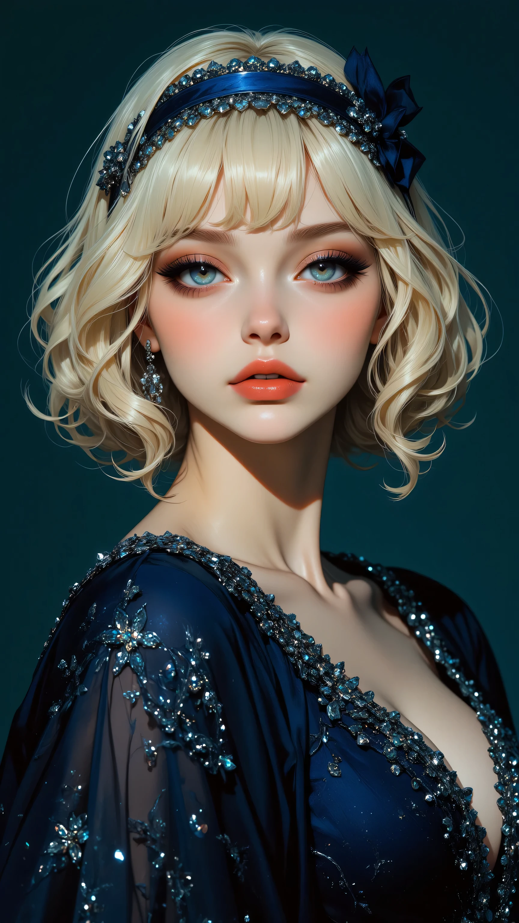 Blond woman with blue eyes and a blue dress with a flower in her hair ...