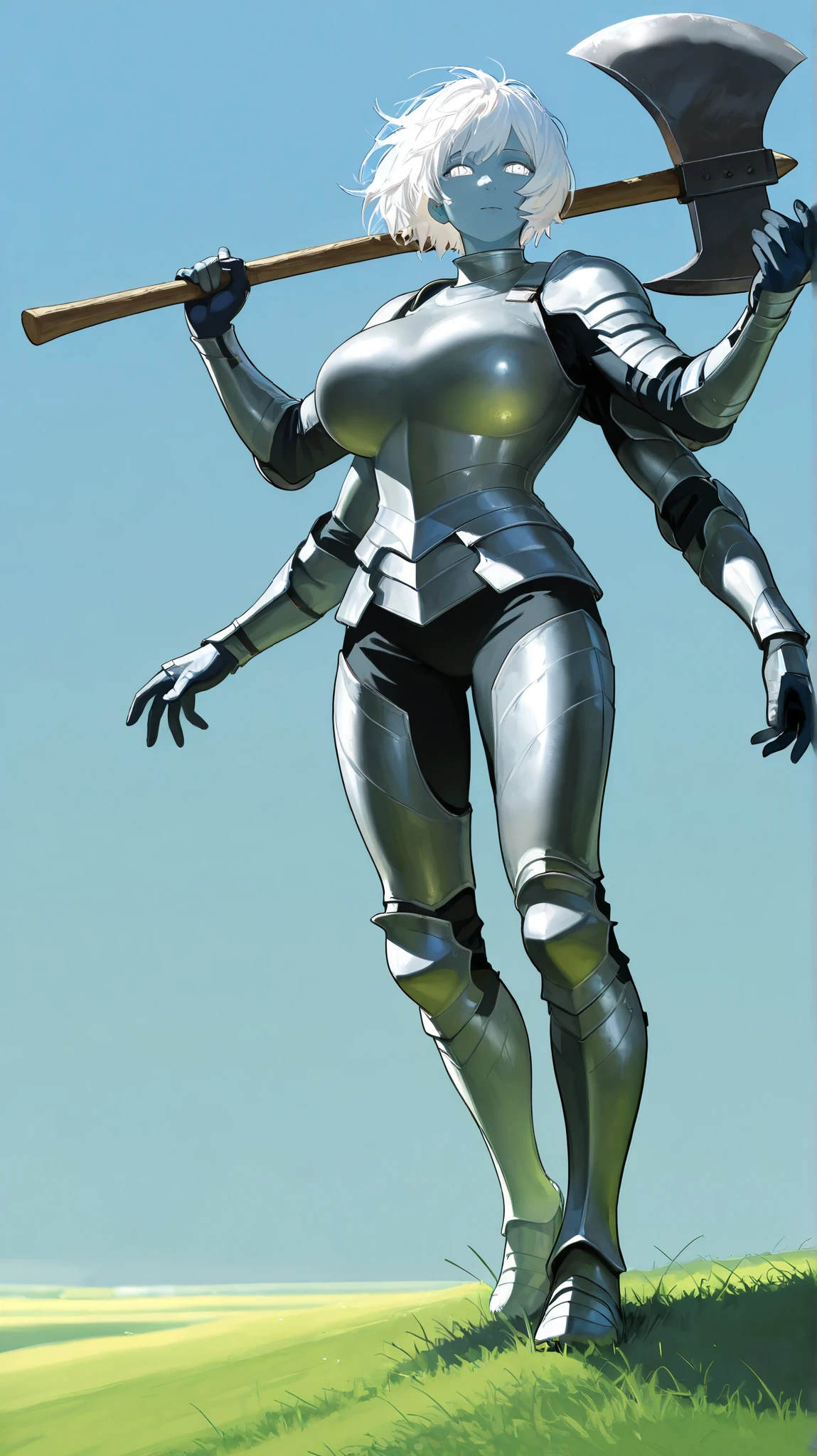 a beautiful mature female, four arms, blue skin, white eyes, white hair, short hair, messy hair, soft light, high detailed, detailed face, best quality, large breast, straight body, full body, muscular, standing on green field, bright blue sky, far point of view, front view, full armor, carrying a big axe