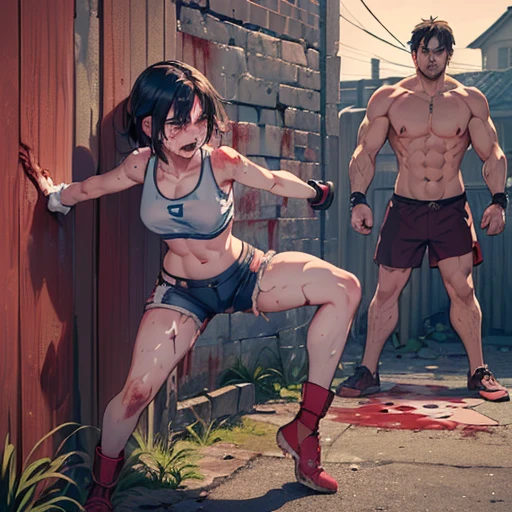 man and a woman meet in a street fight. A fierce fight. The man is thrusting his arm toward the woman's body. Female street fighter is crying. She is covered in bruises. Covered in blood. Short of breath. Drooling. Sweaty. Short-cut black hair. Open finger gloves. Erect nipples. One eye closed. She is leaning back. Raggedly torn and peeling sports bra. Denim shorts.