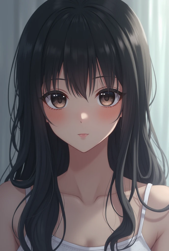 One person, solo, High resolution, Long Hair, Gaze, chest, Blushing, smile, bangs, Black Hair, Shiny Hair, Straight Hair, Wet Hair, 分け目のあるbangs
