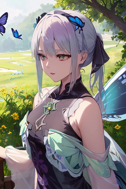 (masterpiece),(intricate details), echidna, 1girl,huge breasts:1.5, white hair, brown eyes, green butterfly hair ornament, eyelashes, (colored eyelashes:1.1), black dress, looking at viewer, closed mouth, ((cumulonimbus)),full body, <lora:Echidna_5_10:0.7>