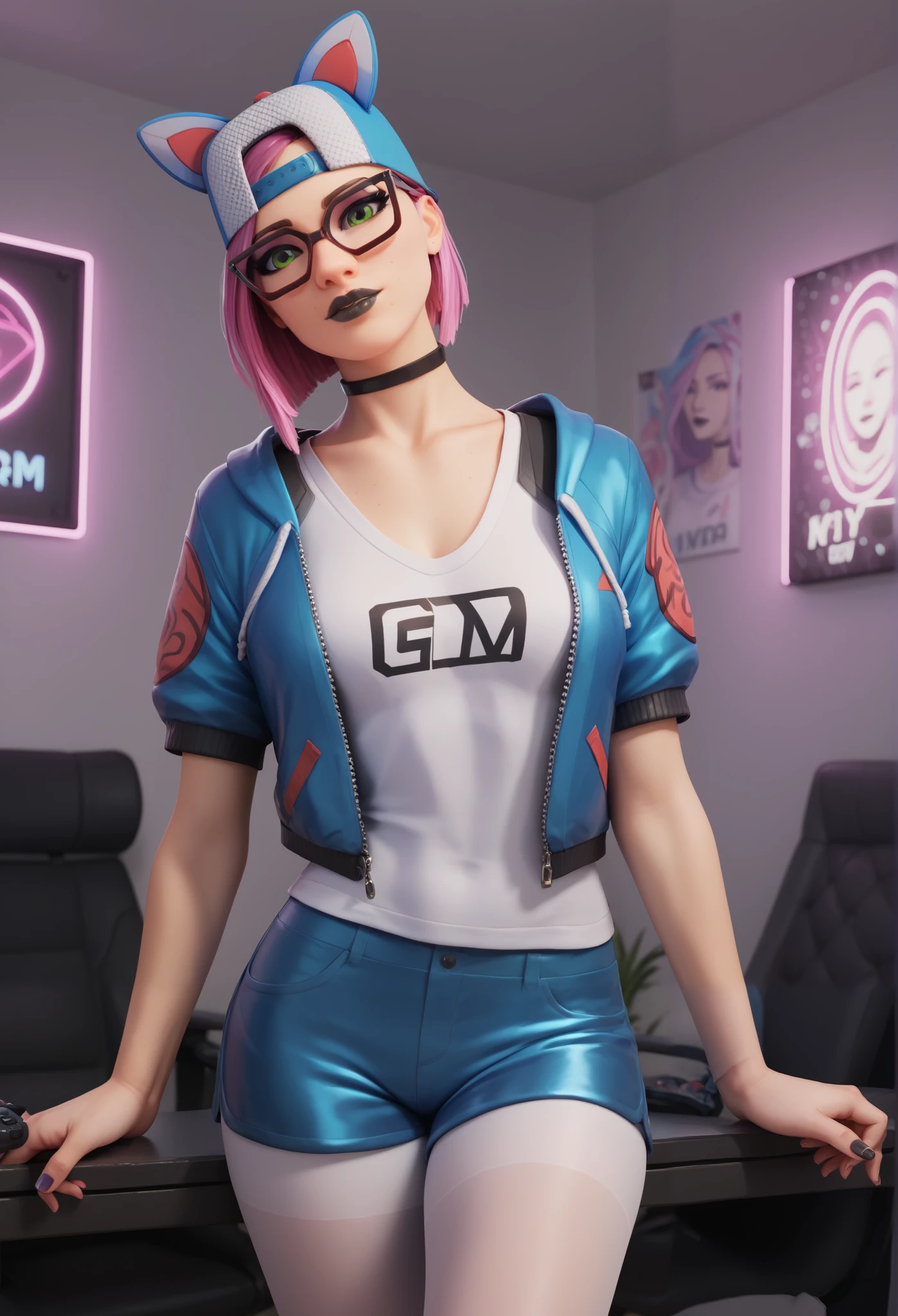 girl (Masterpiece),choker ,black lips,cap (alone )loose V-neck T-shirt,blue jacket (white pantyhose, with shorts), gaming,gamer room, with neon light ,beautiful green eyes, short pink hair, glasses
INFO
