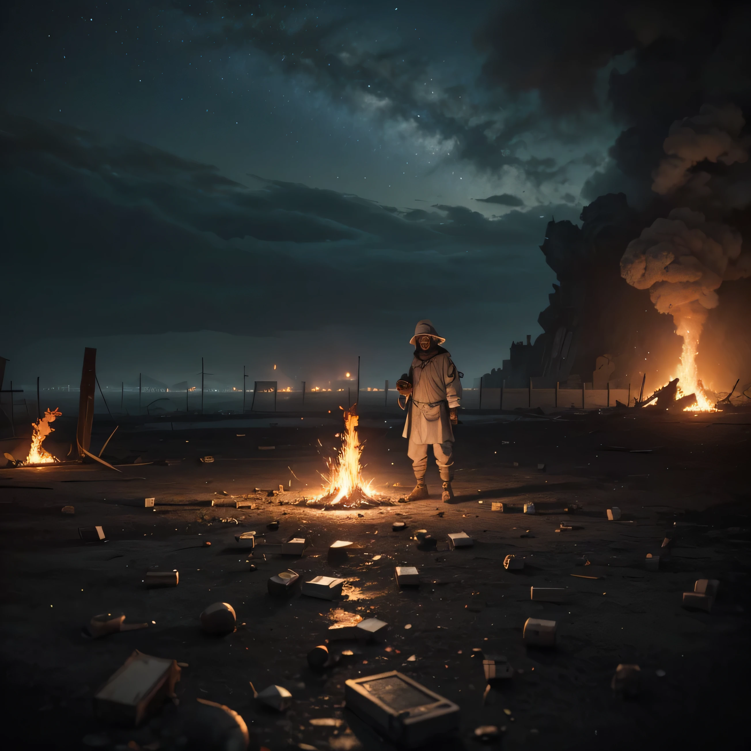 Burning area and one man is alone in battlefield