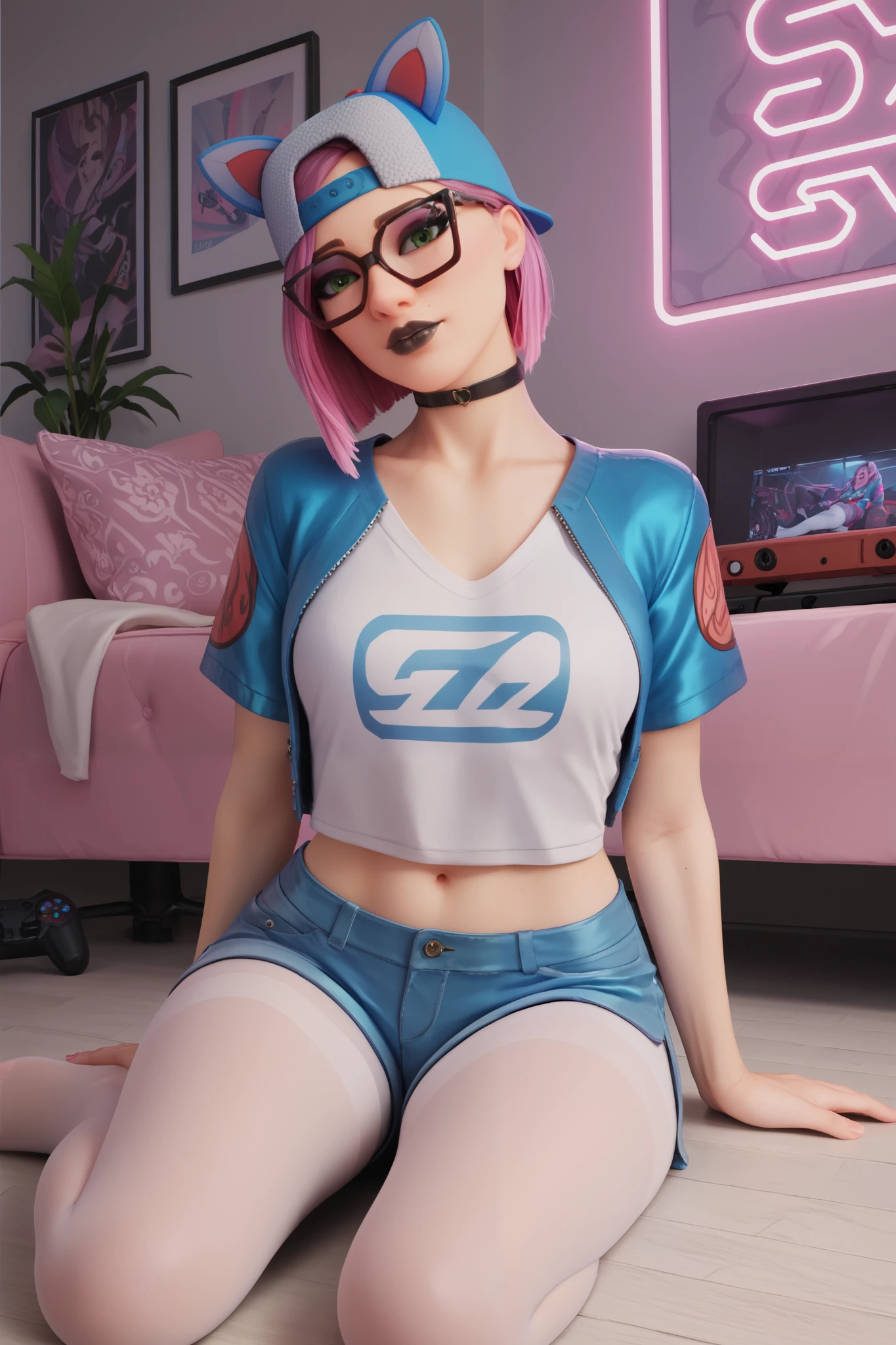 (An adorable Twitch streamer woman (pink panties labia well defined, small tshirt (slutty message) midriff exposed, bunny ear headset, big glasses, xbox controller, gaming chair) she is half heartedly playing a video game while flirting to her camera, spread legs, panty shot), dimly lit gamer room lit mainly by the monitor with loads of anime posters and anime collectibles