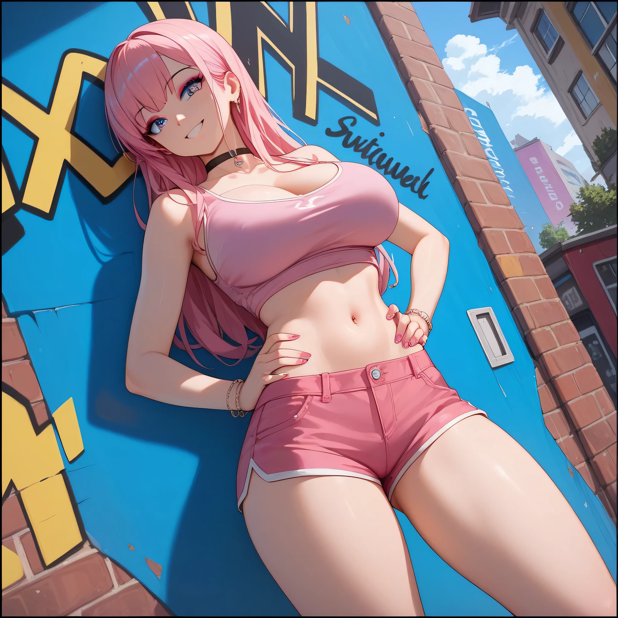 deep border 1.2, tall Highly detailed, graffiti, pink hair, black choker , long hair, pink tank top, pink shorts, crosse legs, Dutch angle, thighs, cowboy shot, eyeshadow seductive smile, arms on hips , large breasts, slim body, ultra sexy cute woman, long pink hair, large breasts, ((best quality:1.2), (ultra-detailed:1.2), (2.5D:1.2), (Anime Moe Art Style), (no broken hands), (Supermodel), (sexy photoshoot), ecchi, high quality, masterpiece, best quality,amazing quality